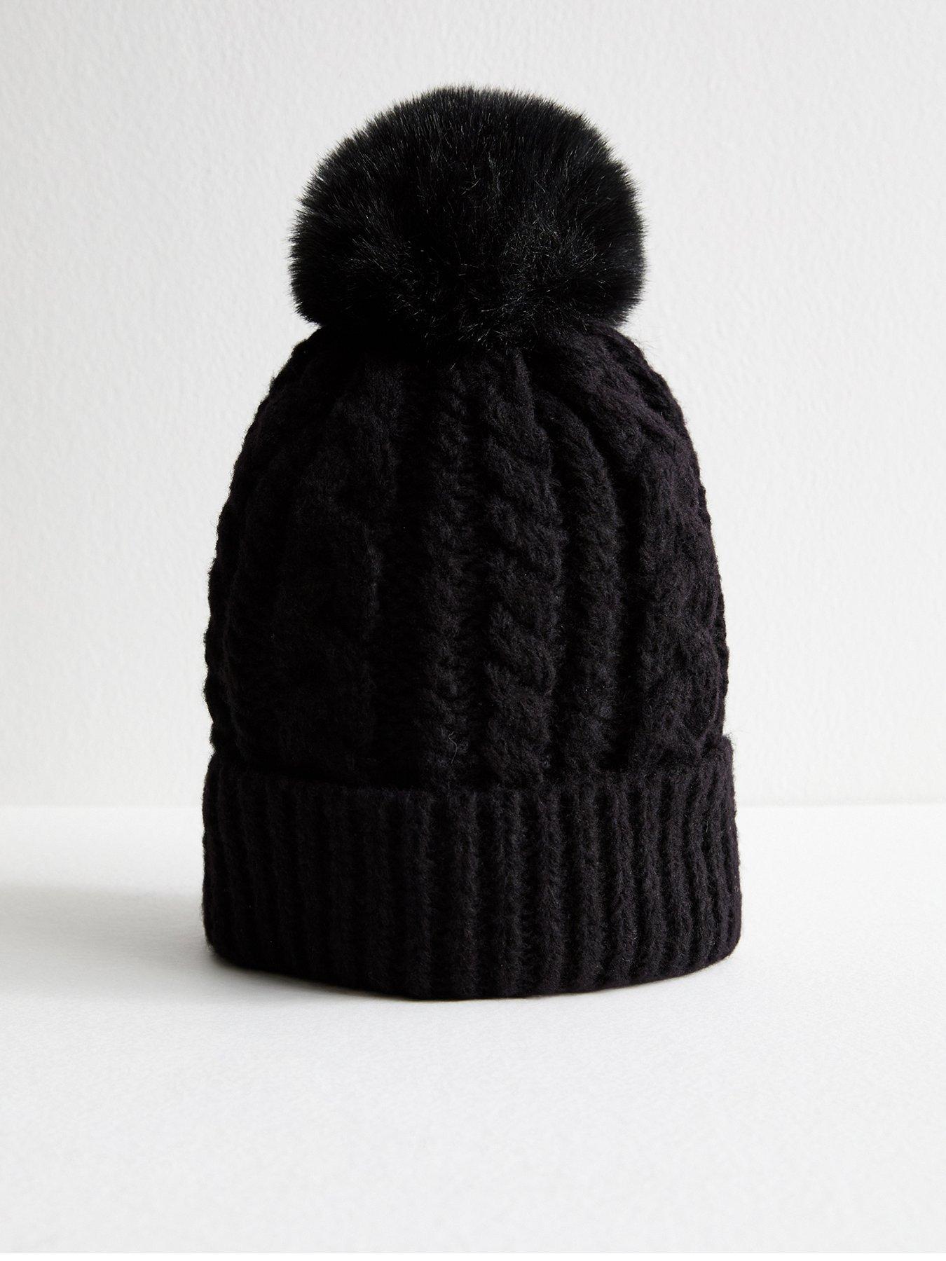 New Look Black Cable Knit Faux Fur Pom Pom Bobble Hat