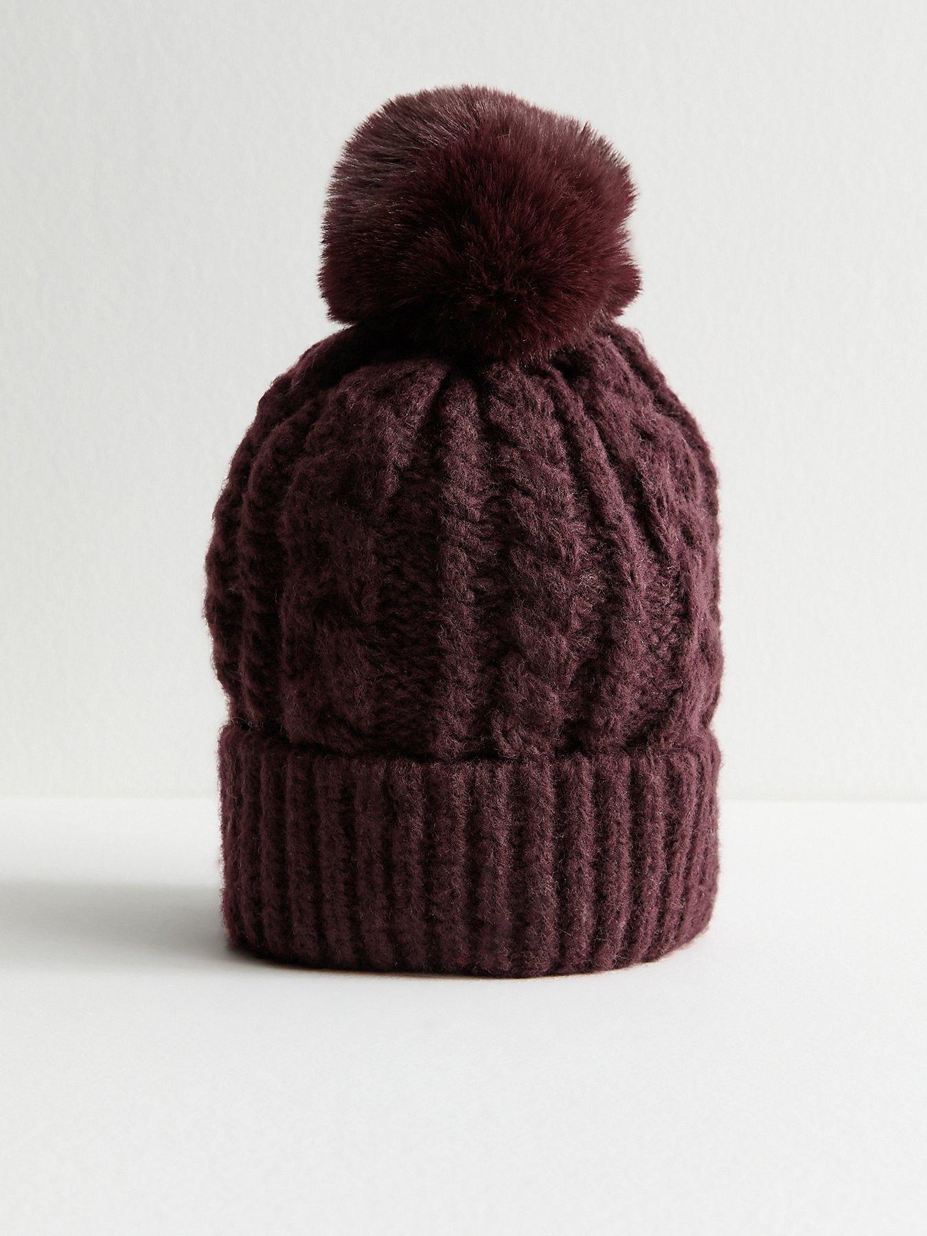 New Look Dark Burgundy Cable Knit Faux Fur Pom Pom Bobble Hat