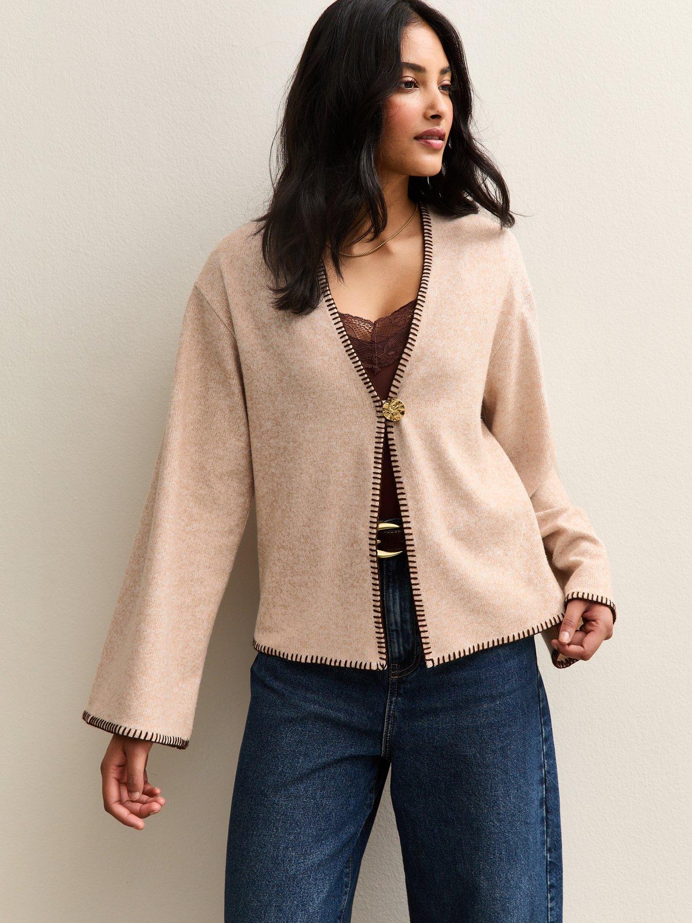 Image 1 of 5 of New Look Soft Touch Single Button Cardigan - Brown