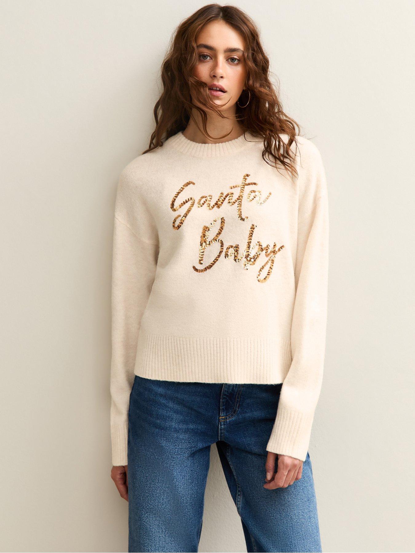 New Look Christmas Sequinned Santa Baby Slogan Jumper - Beige