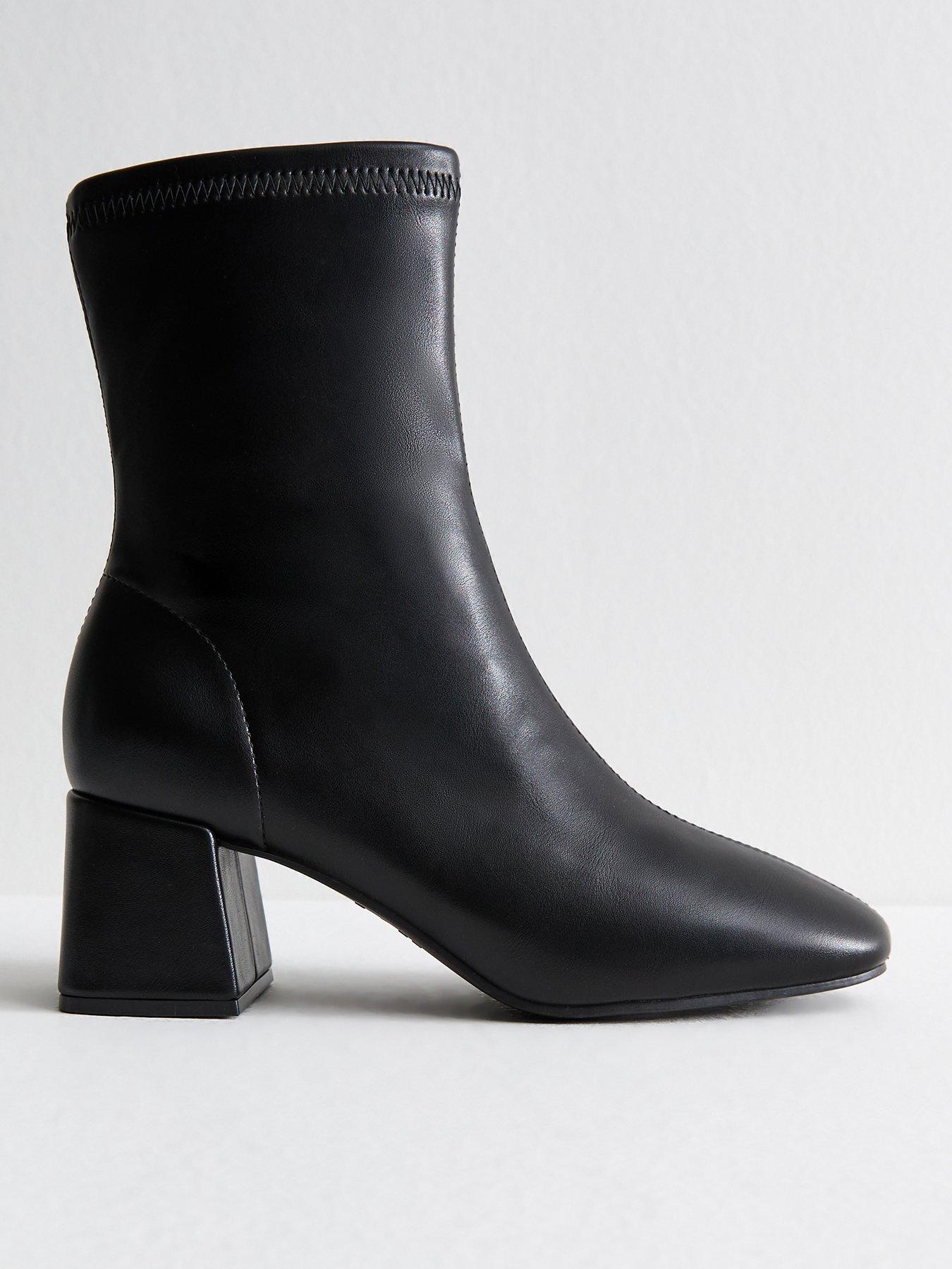 Image 1 of 6 of New Look Faux Leather Block Heel Ankle Boots - Black