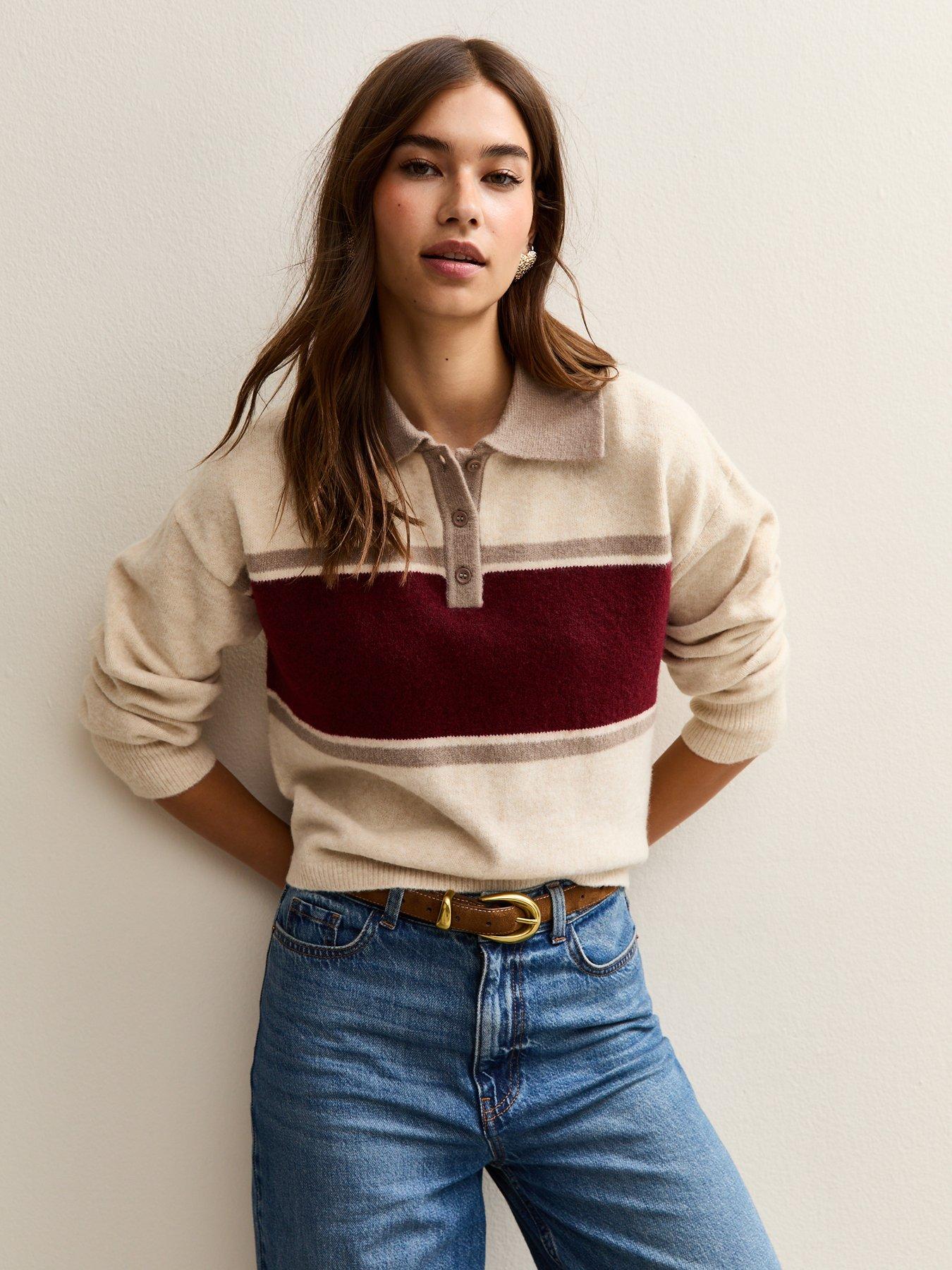 New Look Cream Colour Block Button Up Polo Top - Beige