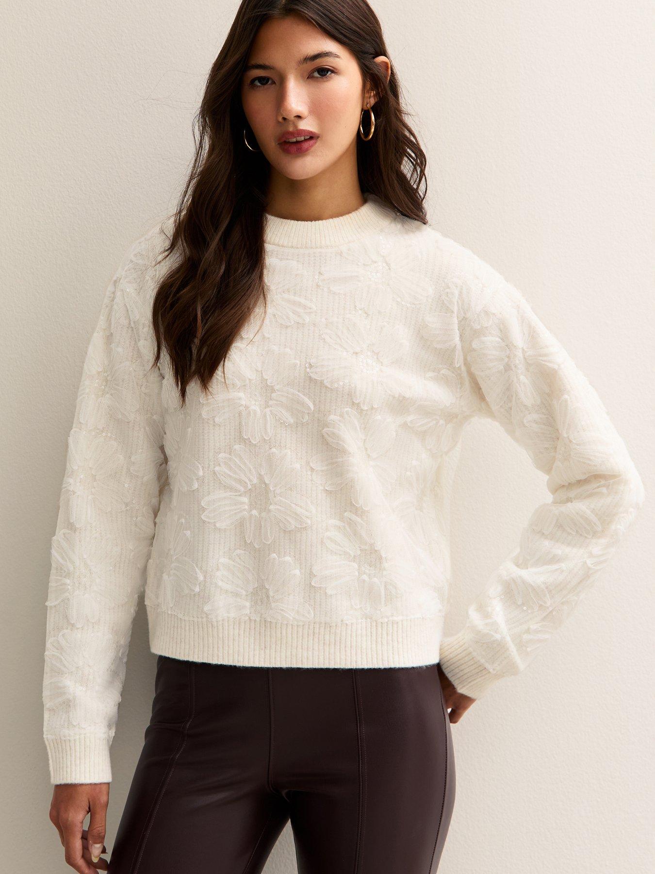 New Look Cream Sequin Flower Crew Neck Jumper