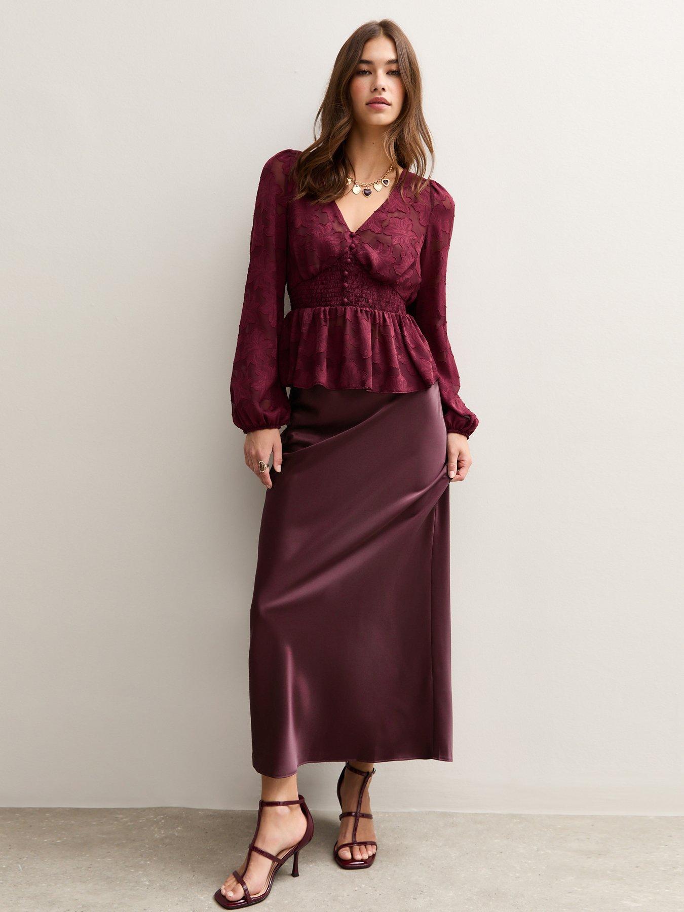 New Look Dark Burgundy Satin Bias Cut Midi Skirt Very