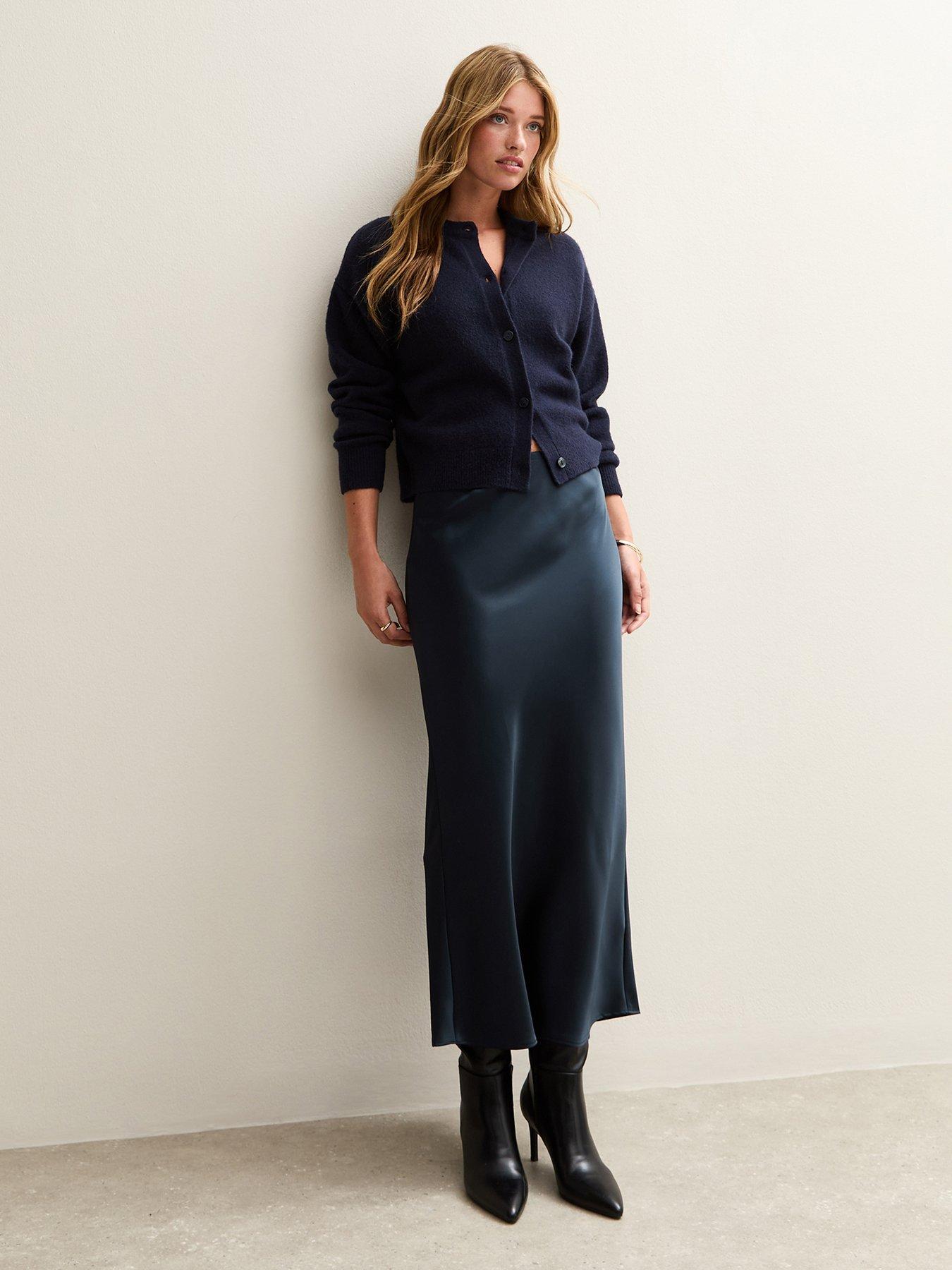 New Look Satin Bias Cut Midi Skirt Navy Very