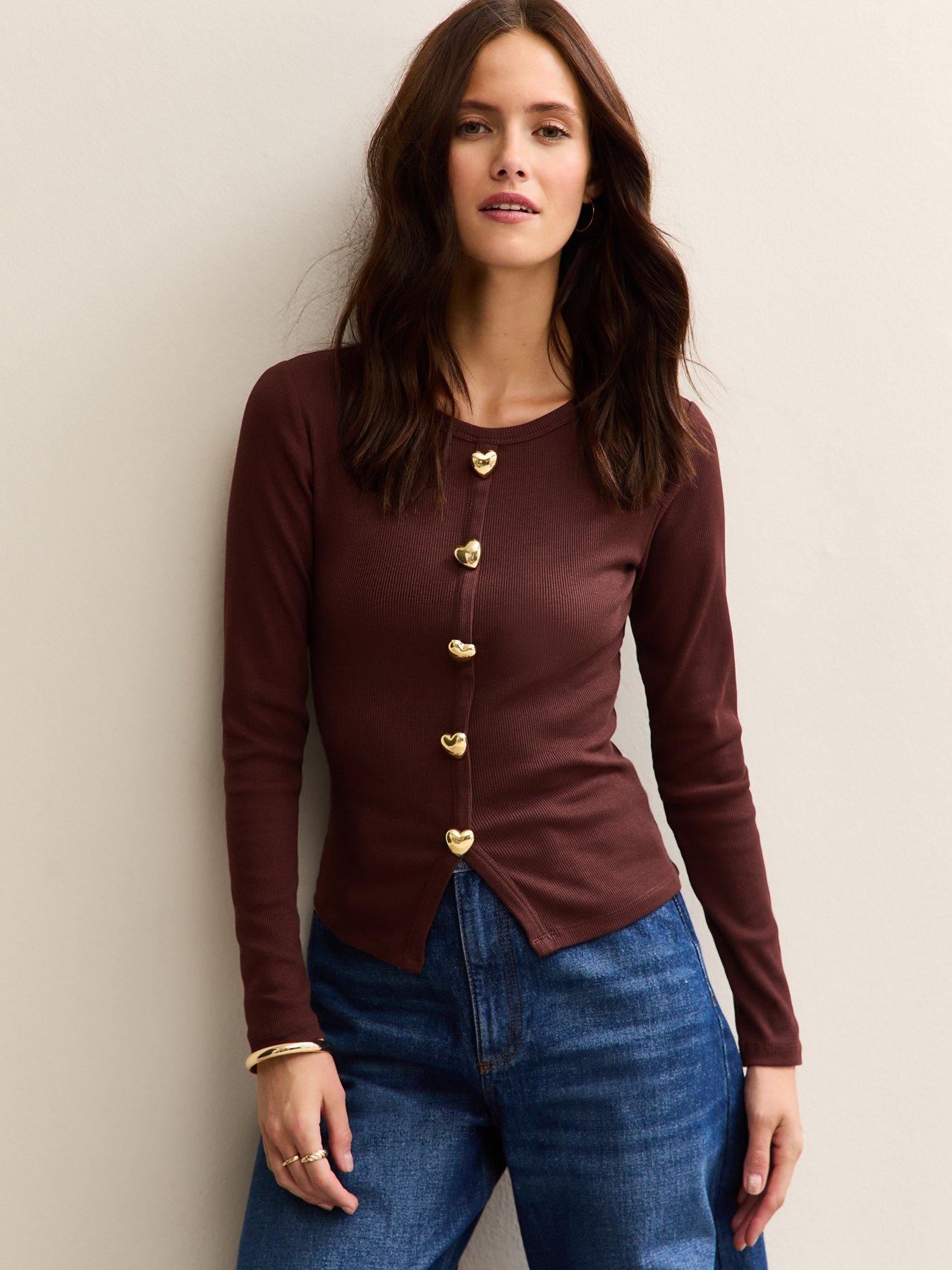 New Look Brown Heart Button Long Sleeve Top