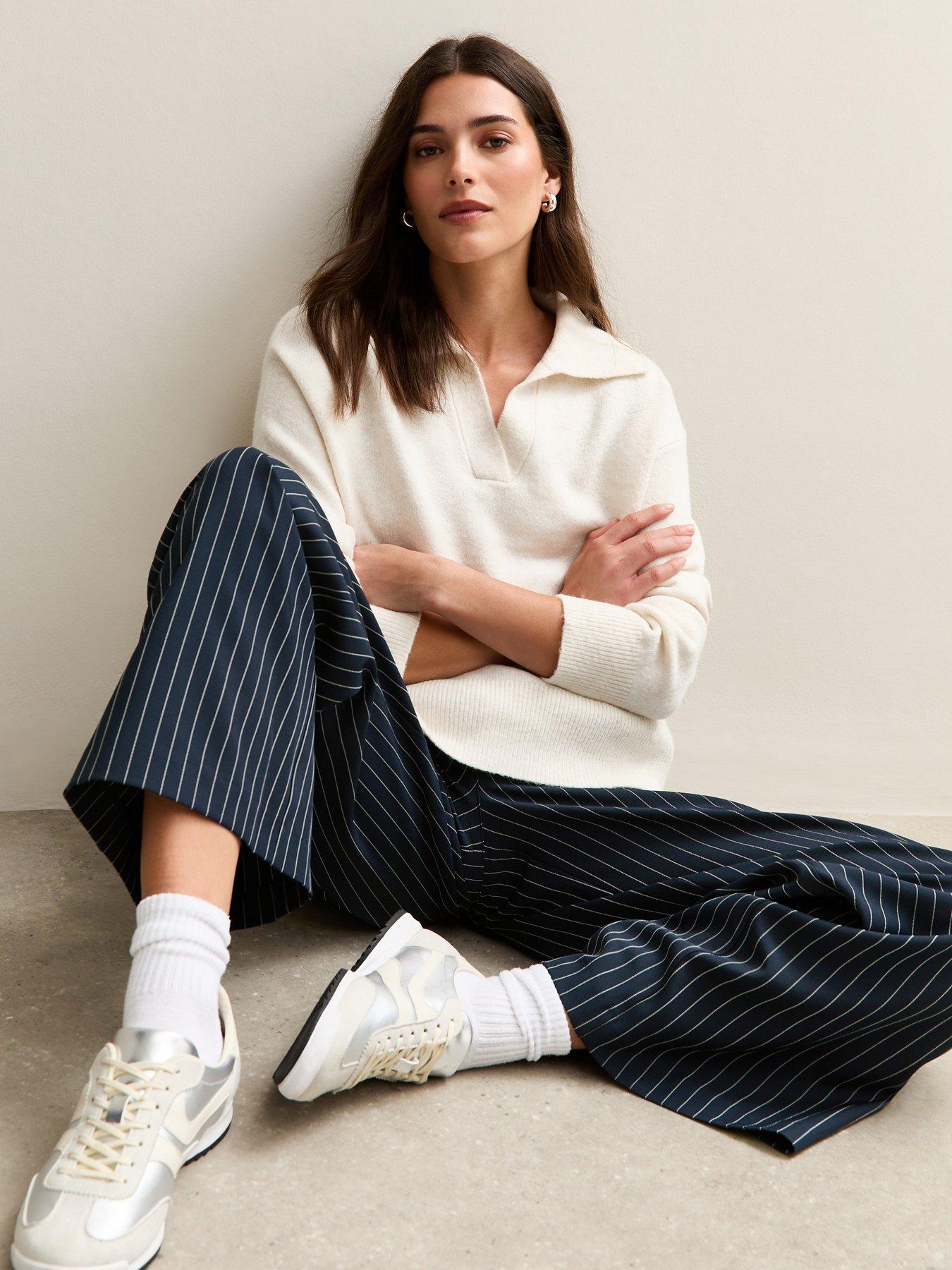 Image 1 of 4 of New Look Pinstripe Wide Leg Trouser - Blue