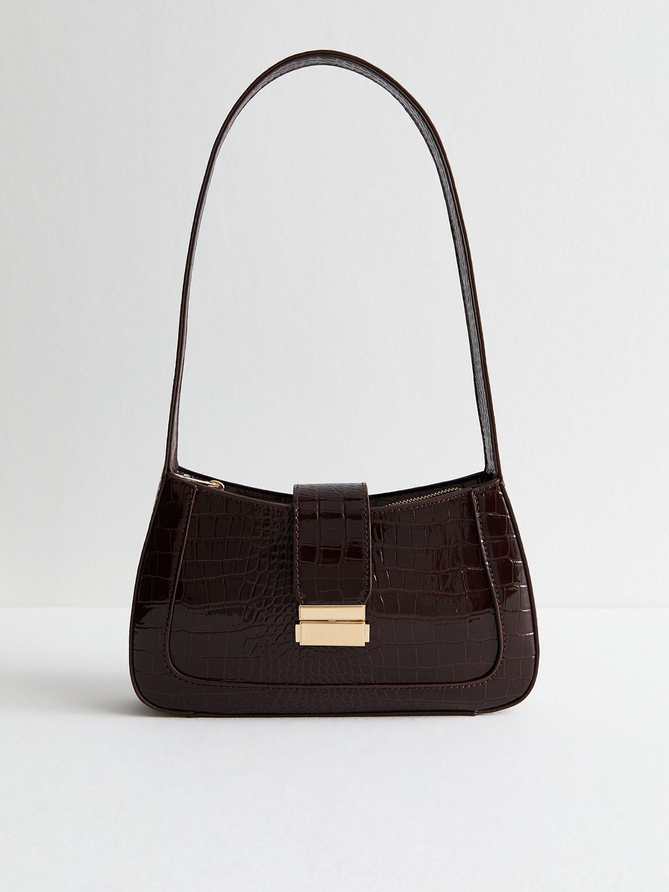 New Look Faux Leather Crocodile Effect Shoulder Bag - Dark Brown