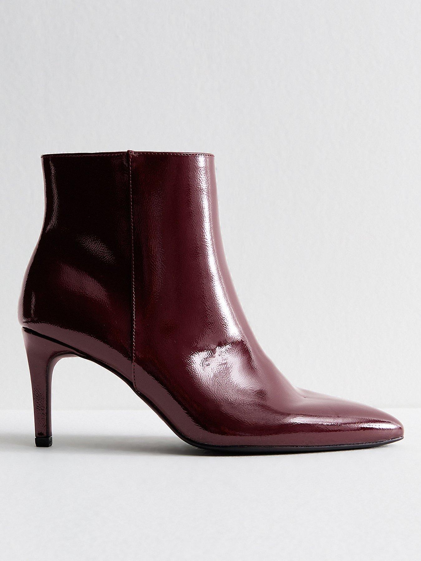 New Look Dark Burgundy Faux Patent Leather Point Toe Ankle Boots