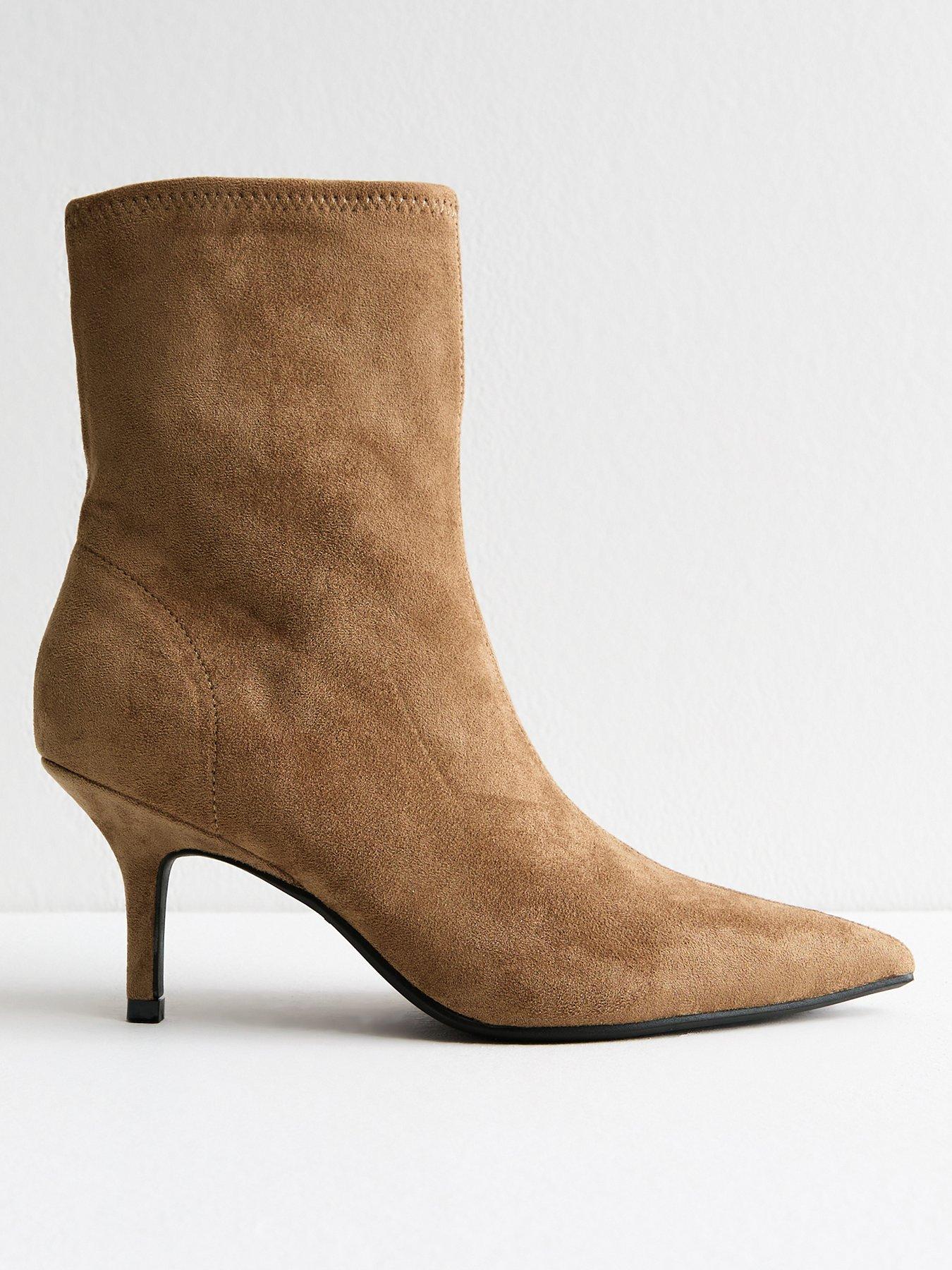 Image 1 of 5 of New Look Camel Faux Suede Pointed Toe Sock Boots