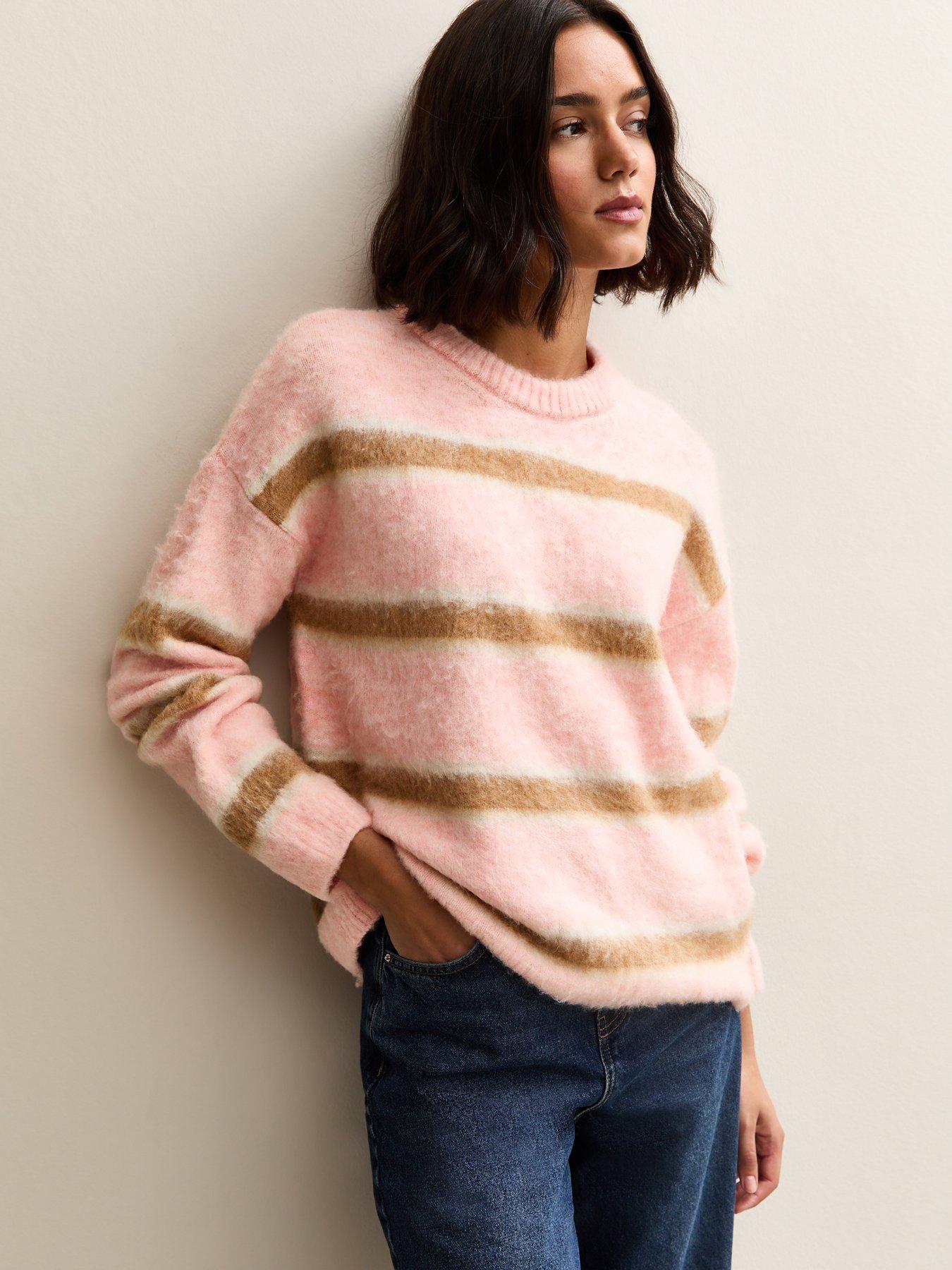 New Look Grey Striped Brushed Crew Neck Jumper