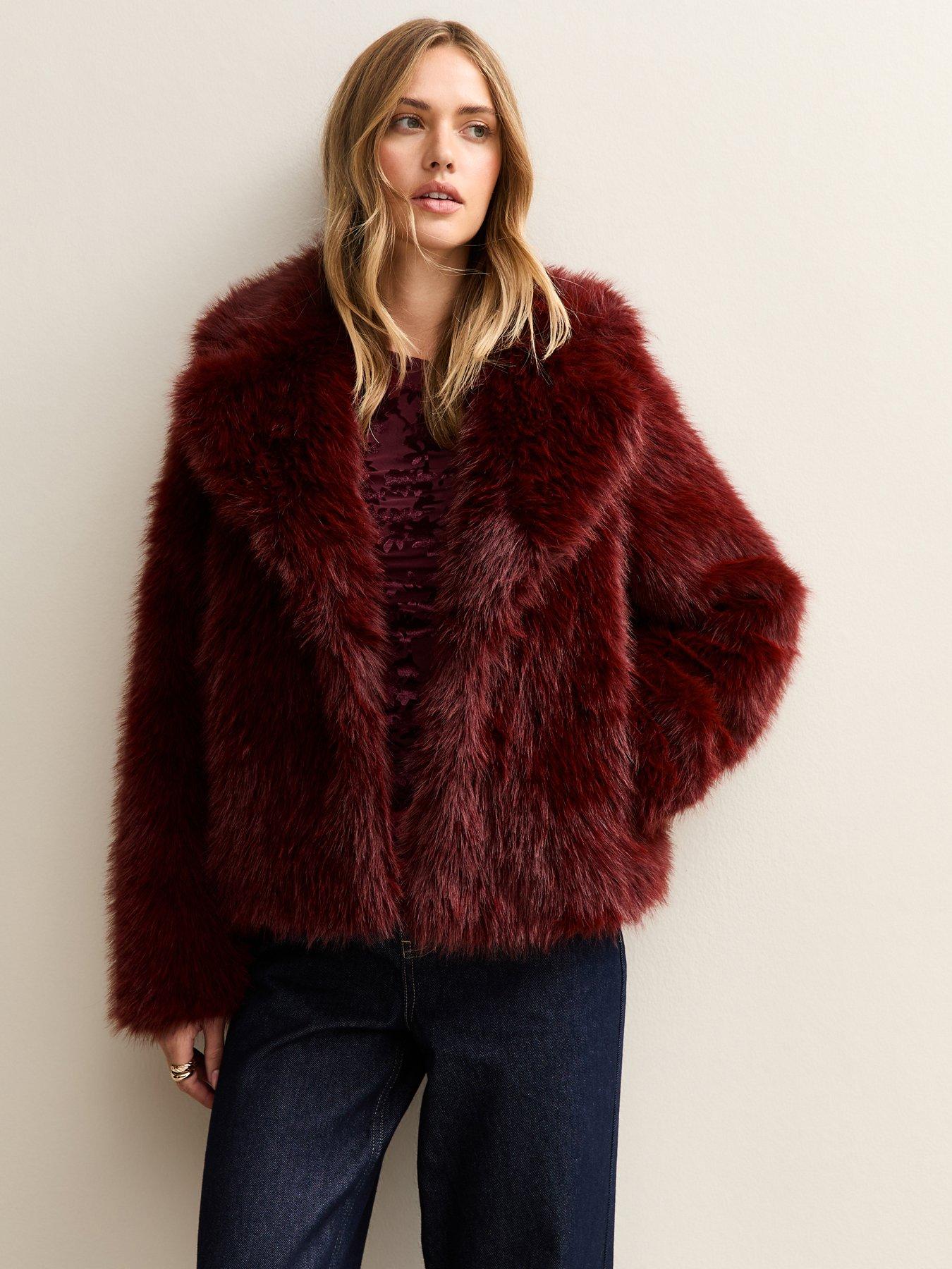 New Look Dark Burgundy Faux Fur Coat