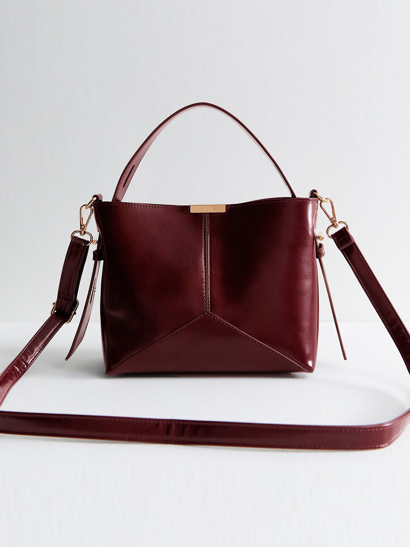 New Look Dark Burgundy High Shine Panelled Bucket Bag
