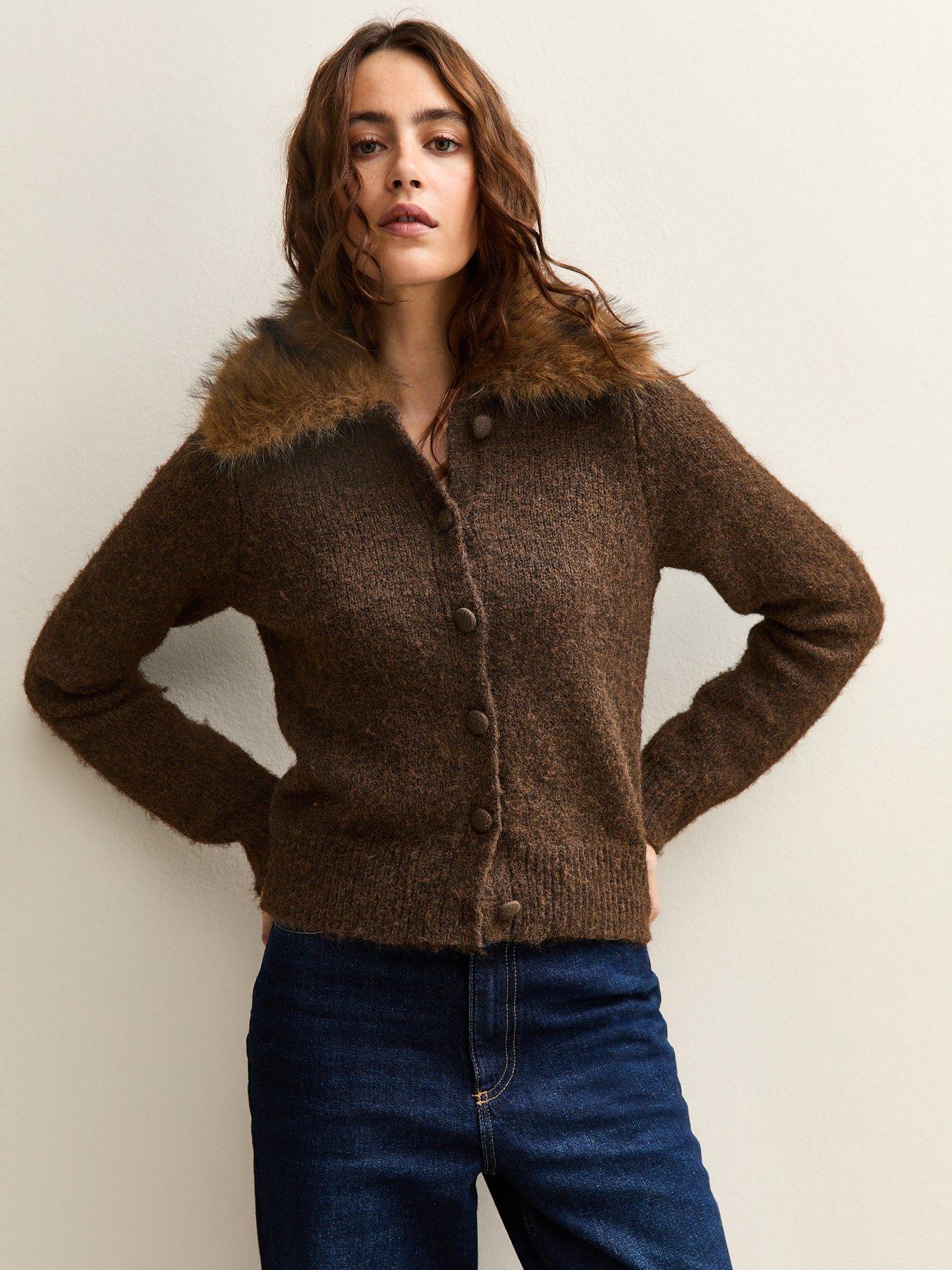 New Look Faux Fur Collar Cardigan - Brown