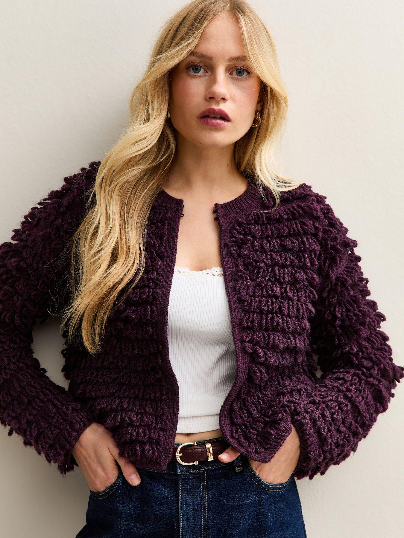 New Look Purple Textured Weave Knit Long Sleeve Cardigan Very