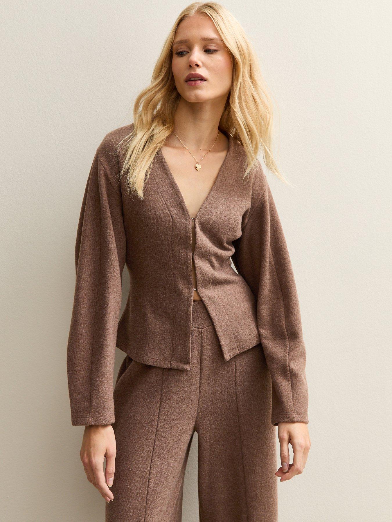 Image 1 of 4 of New Look Soft Touch V Neck Cardigan - Brown