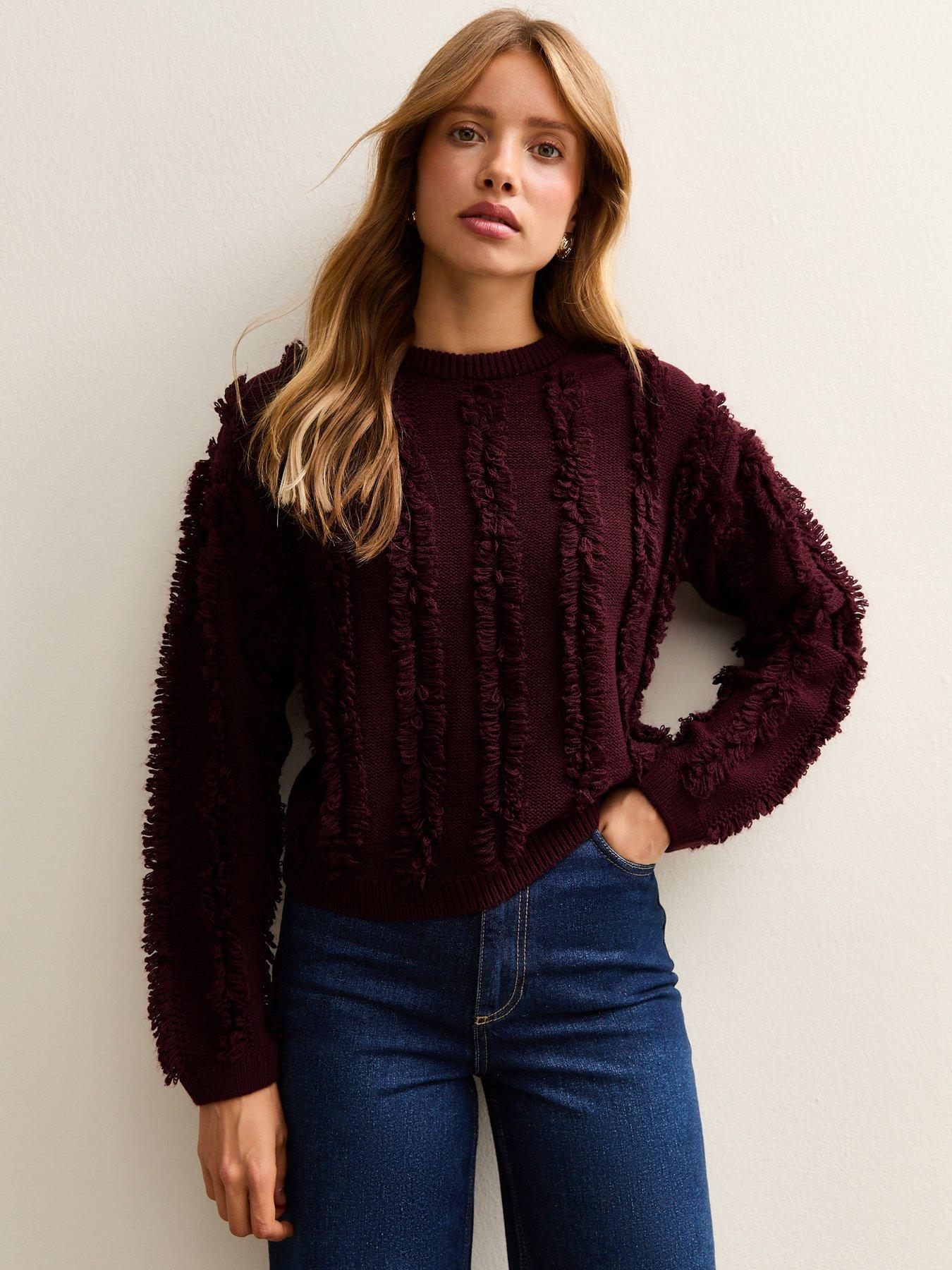 New Look Burgundy Fringed Knit Jumper