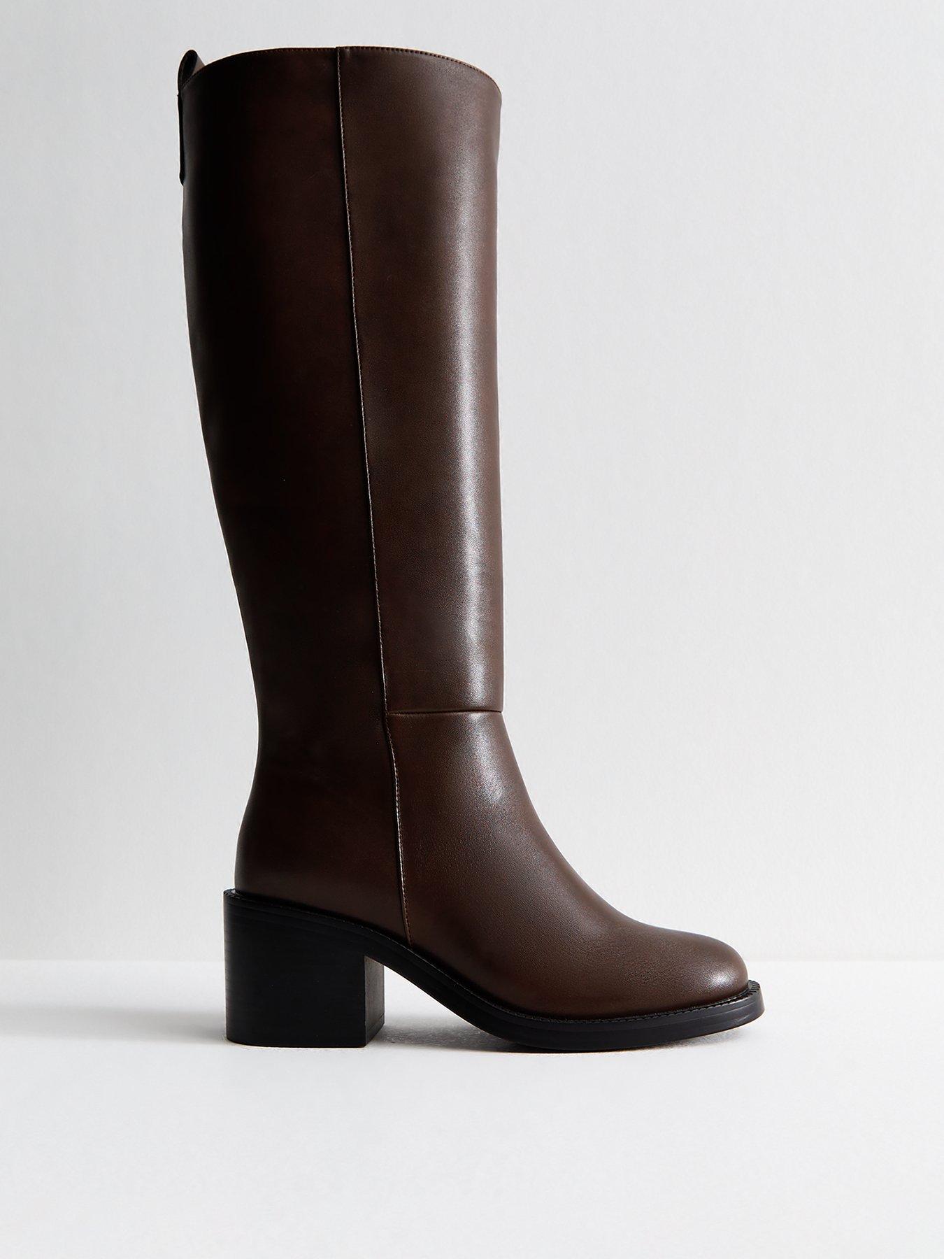undefined Faux Leather Heeled Knee High Boots - Dark Brown