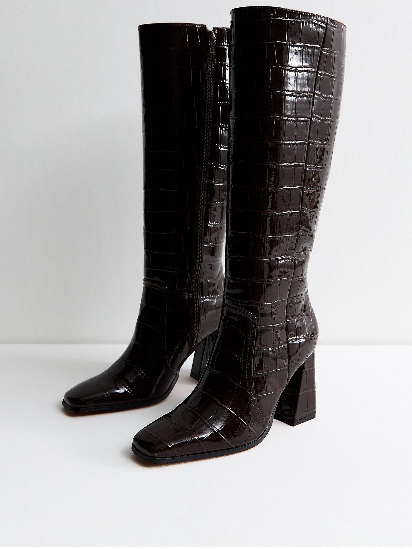 New Look Mid Brown Crocodile Effect Faux Patent Knee High Boots Very