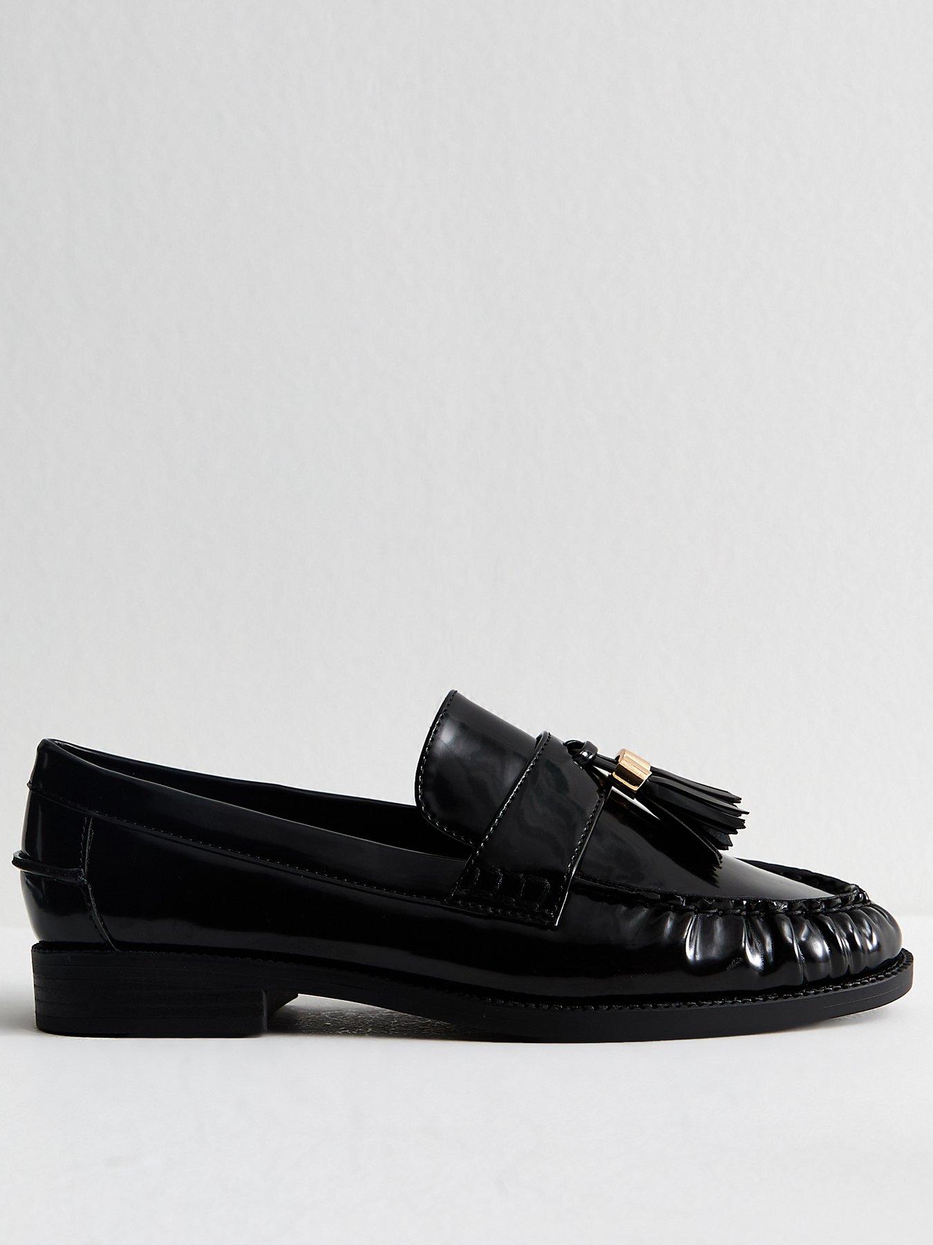 New Look Wide Fit Black Patent Faux Leather Tassel Detail Loafers