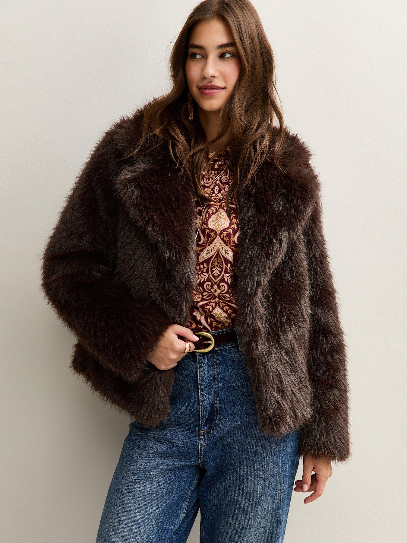 Image 1 of 6 of New Look Faux Fur Coat - Dark Brown