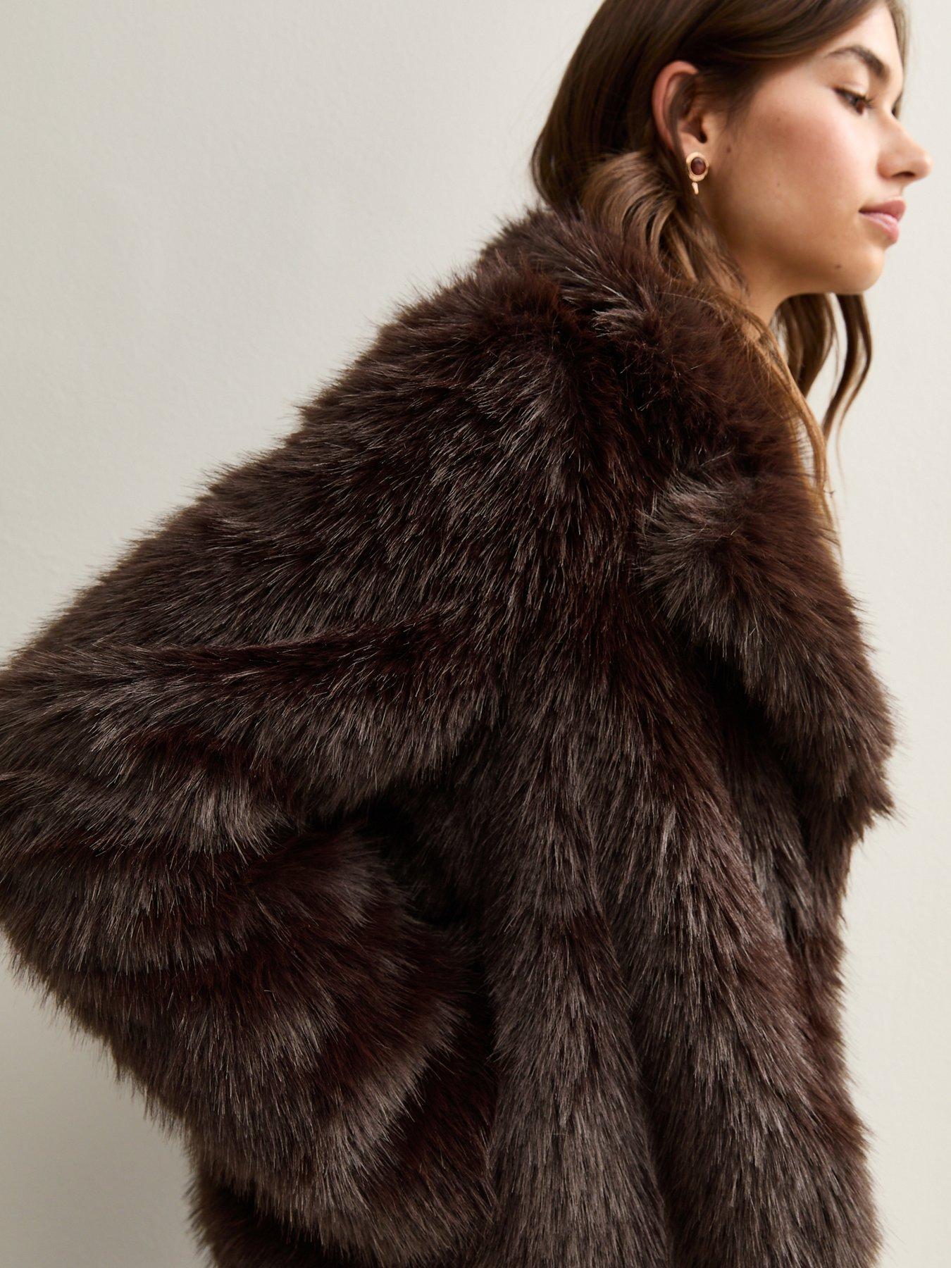 Image 4 of 6 of New Look Faux Fur Coat - Dark Brown