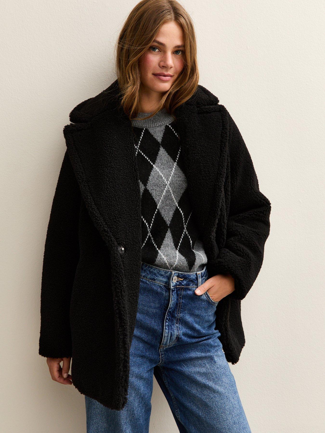 New Look Black Collared Long Sleeve Borg Coat