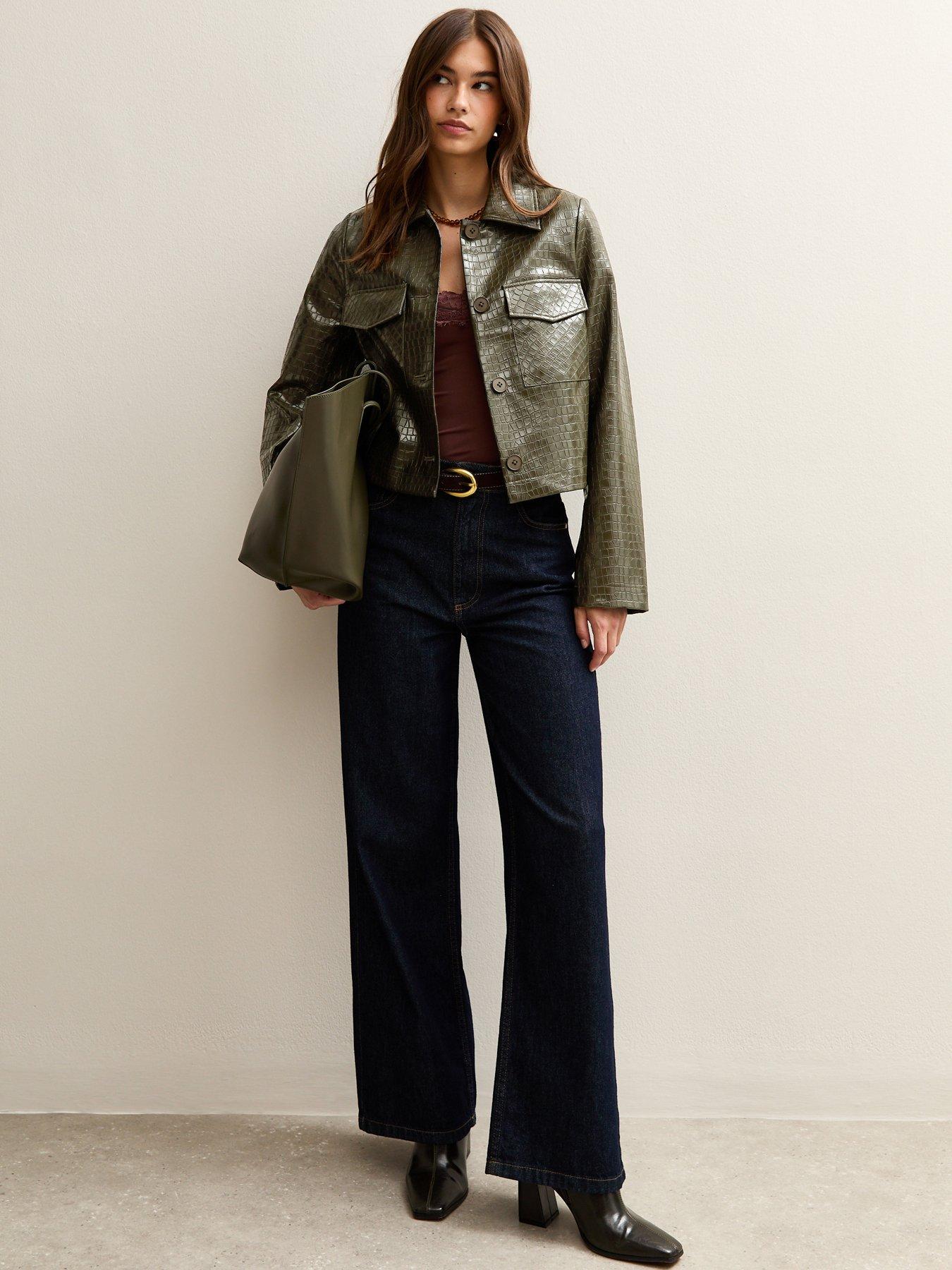 New Look Faux Leather Crocodile Embossed Detachable Faux Fur Long