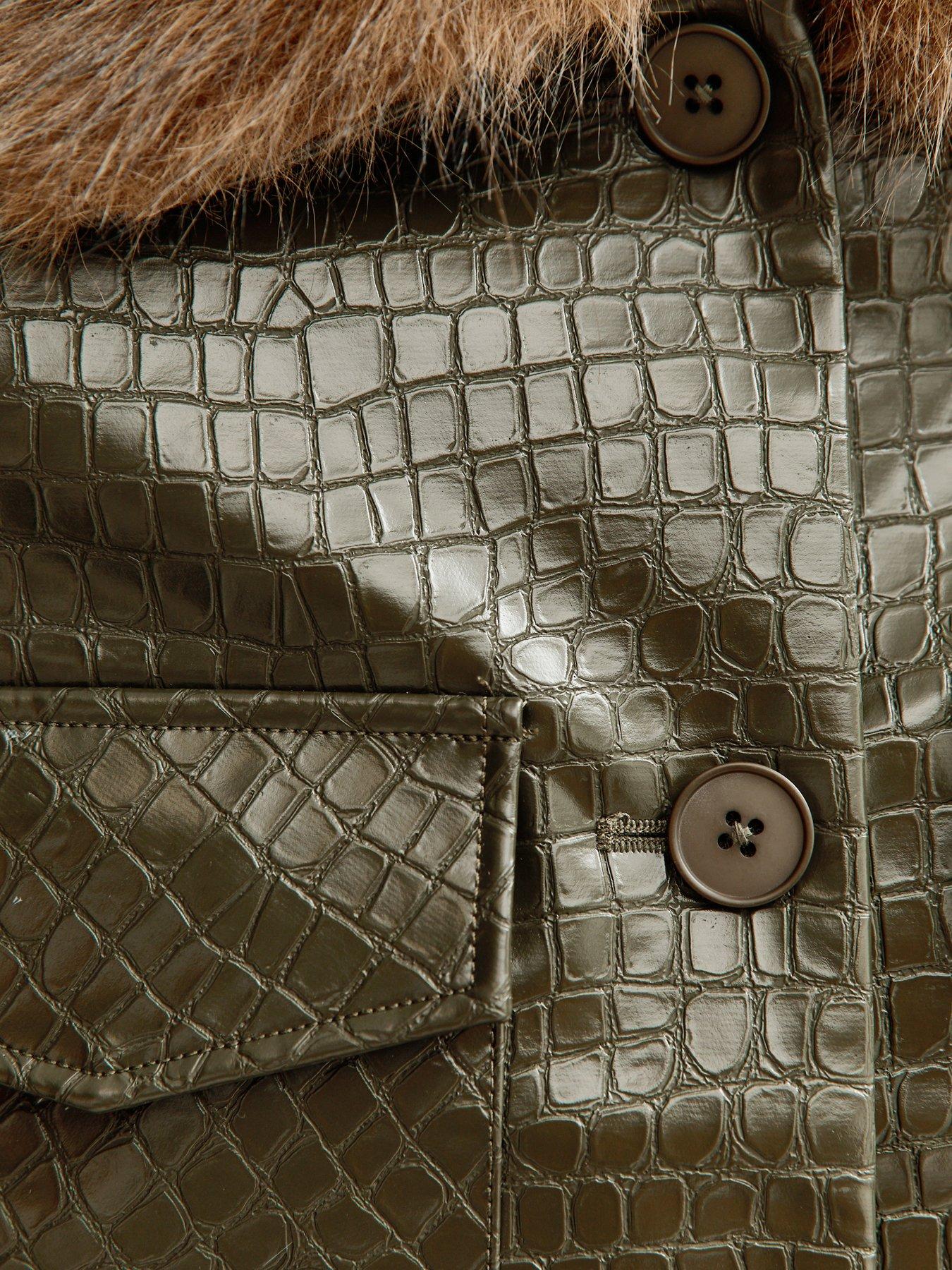 New Look Faux Leather Crocodile Embossed Detachable Faux Fur Long
