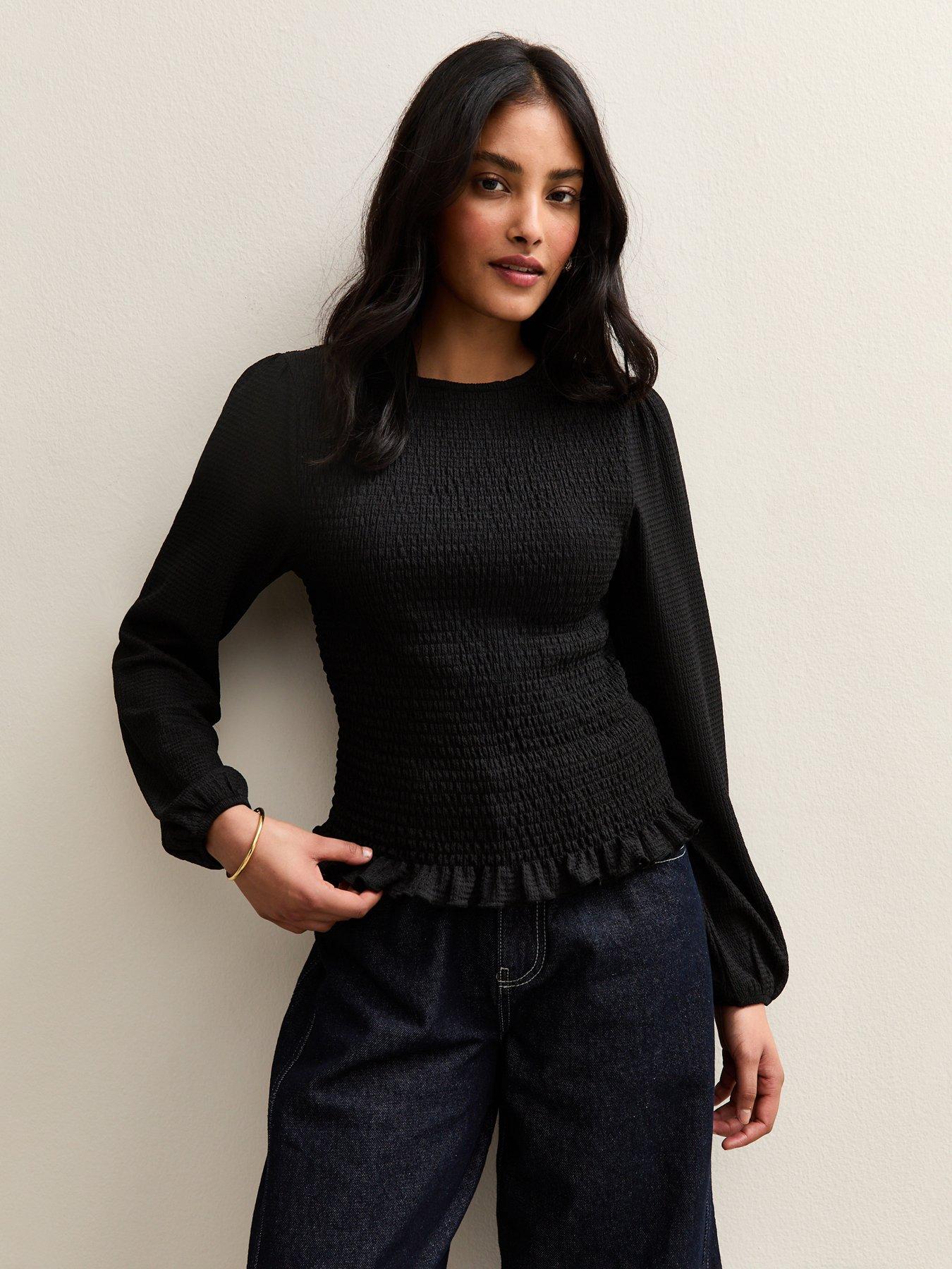 New Look Black Shirred Long Sleeve Top