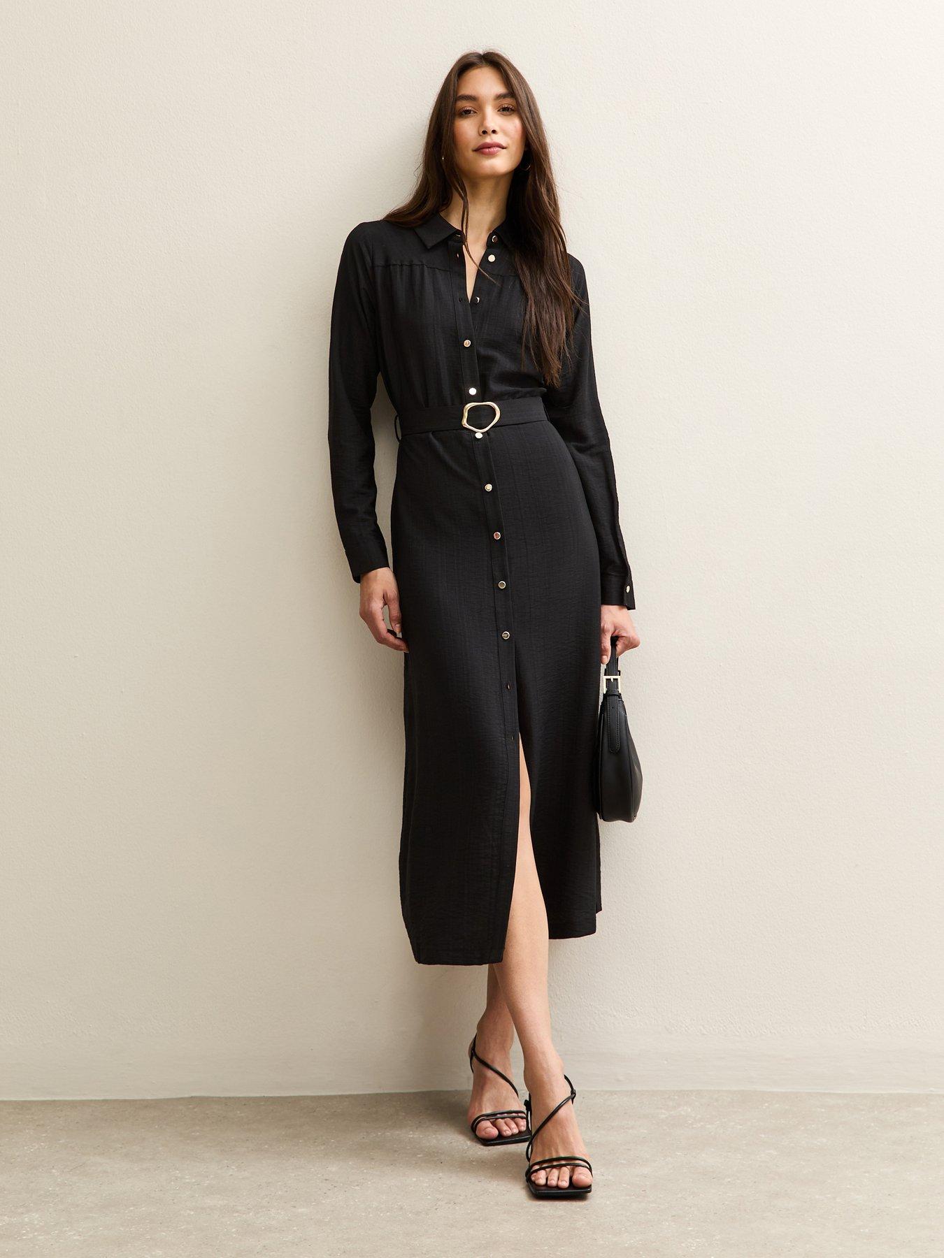 Black With Printed Women Knee Length Shirt Dress