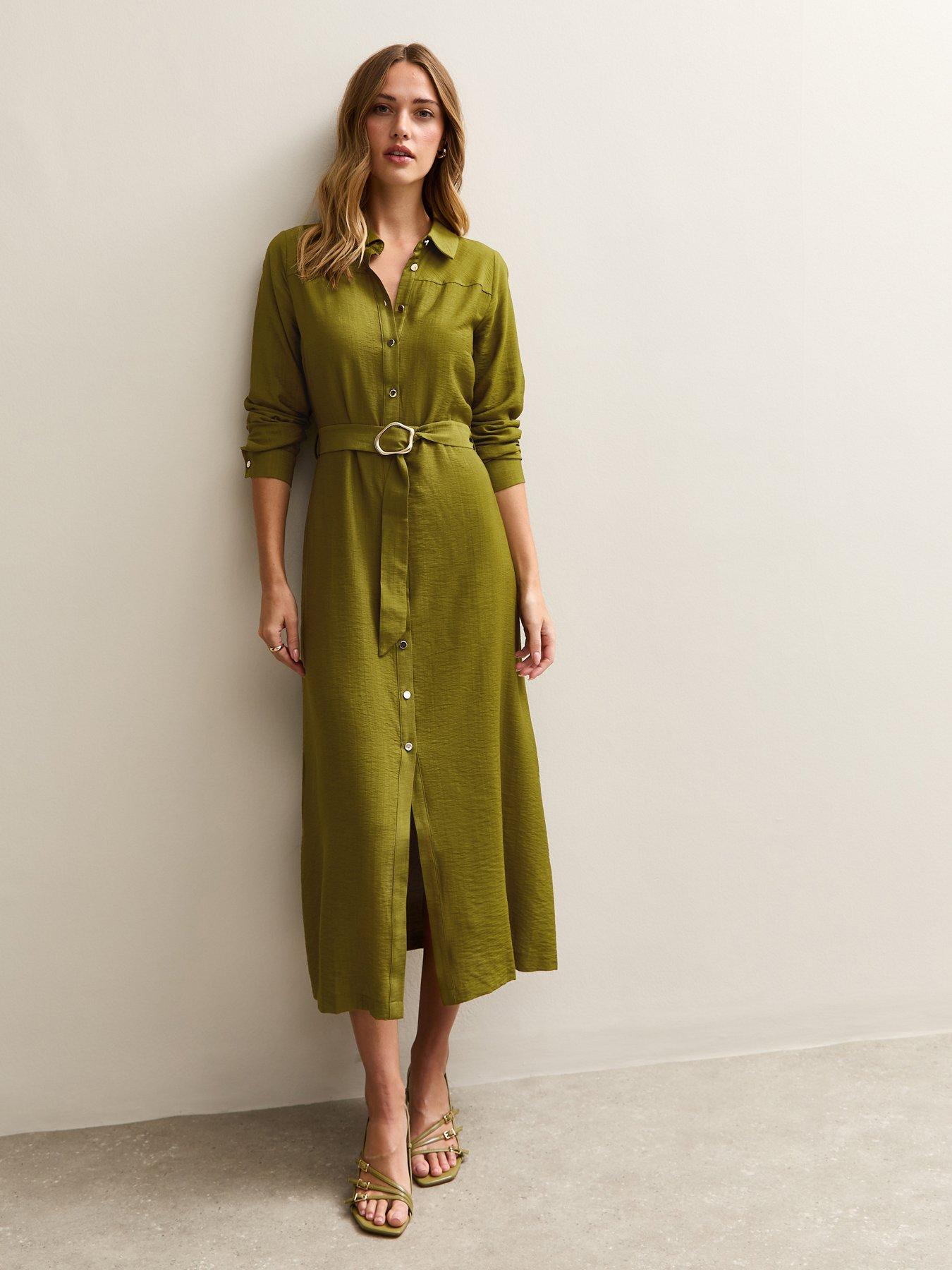 New Look Light Khaki Long Sleeve Belted Midi Shirt Dress