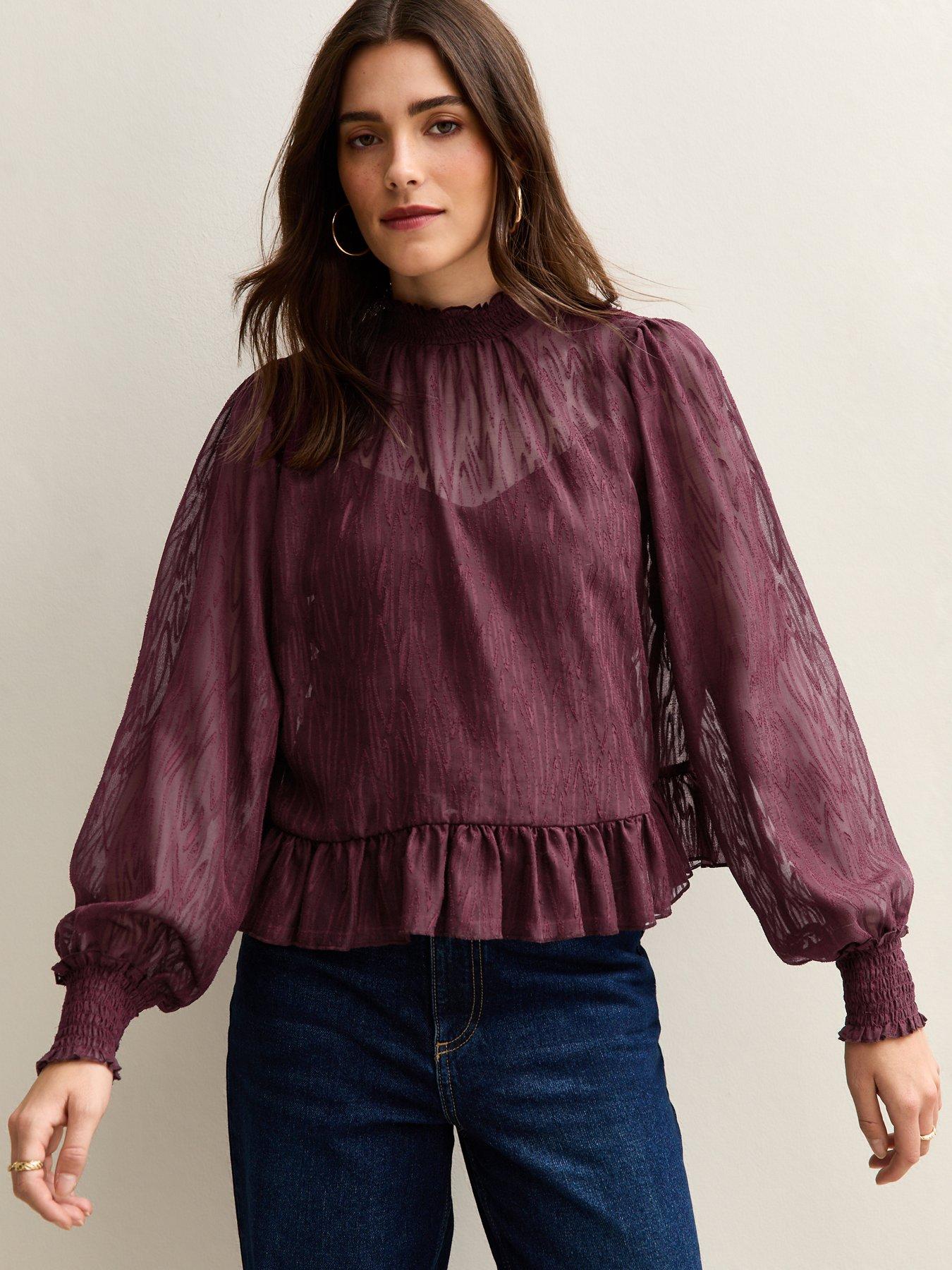 New Look Burgundy Textured Chiffon High Neck Blouse