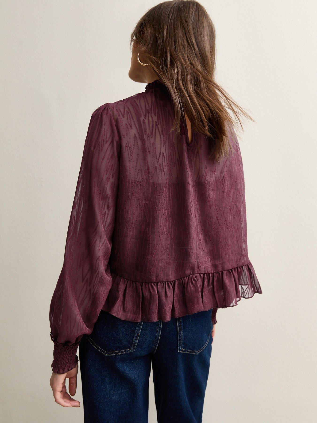 New Look Burgundy Textured Chiffon High Neck Blouse - Red | Very