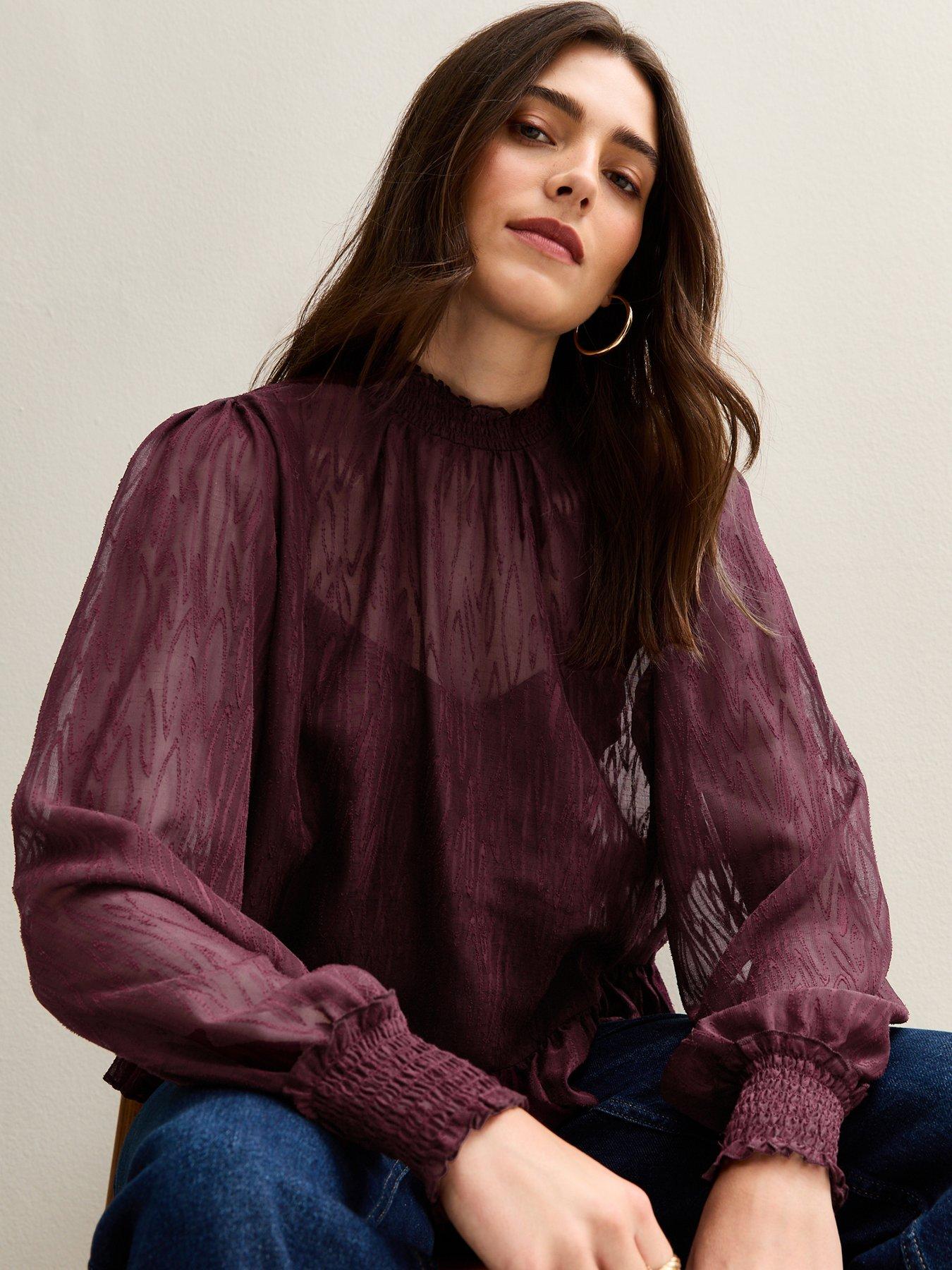 New Look Burgundy Textured Chiffon High Neck Blouse - Red | Very
