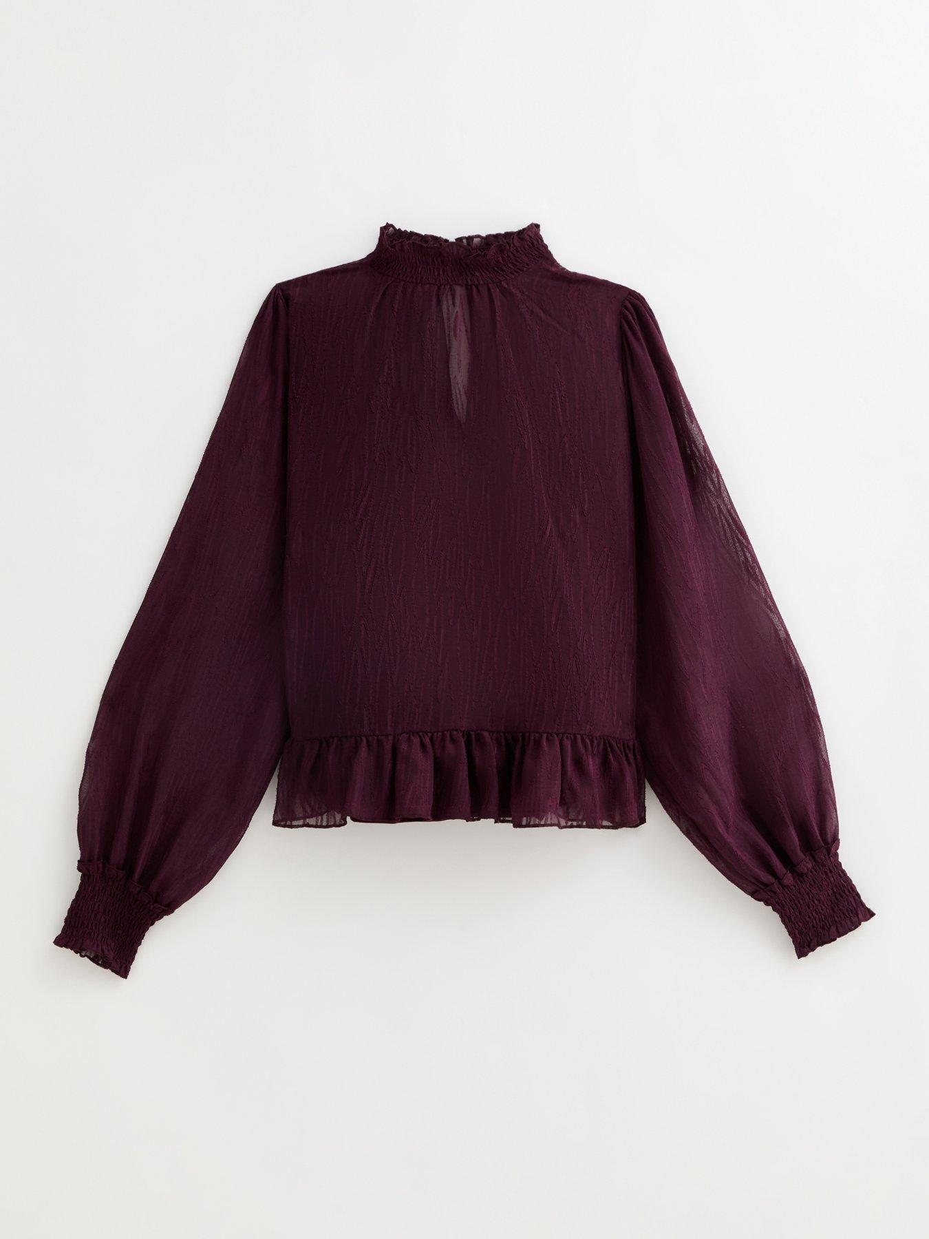 New Look Burgundy Textured Chiffon High Neck Blouse - Red | Very