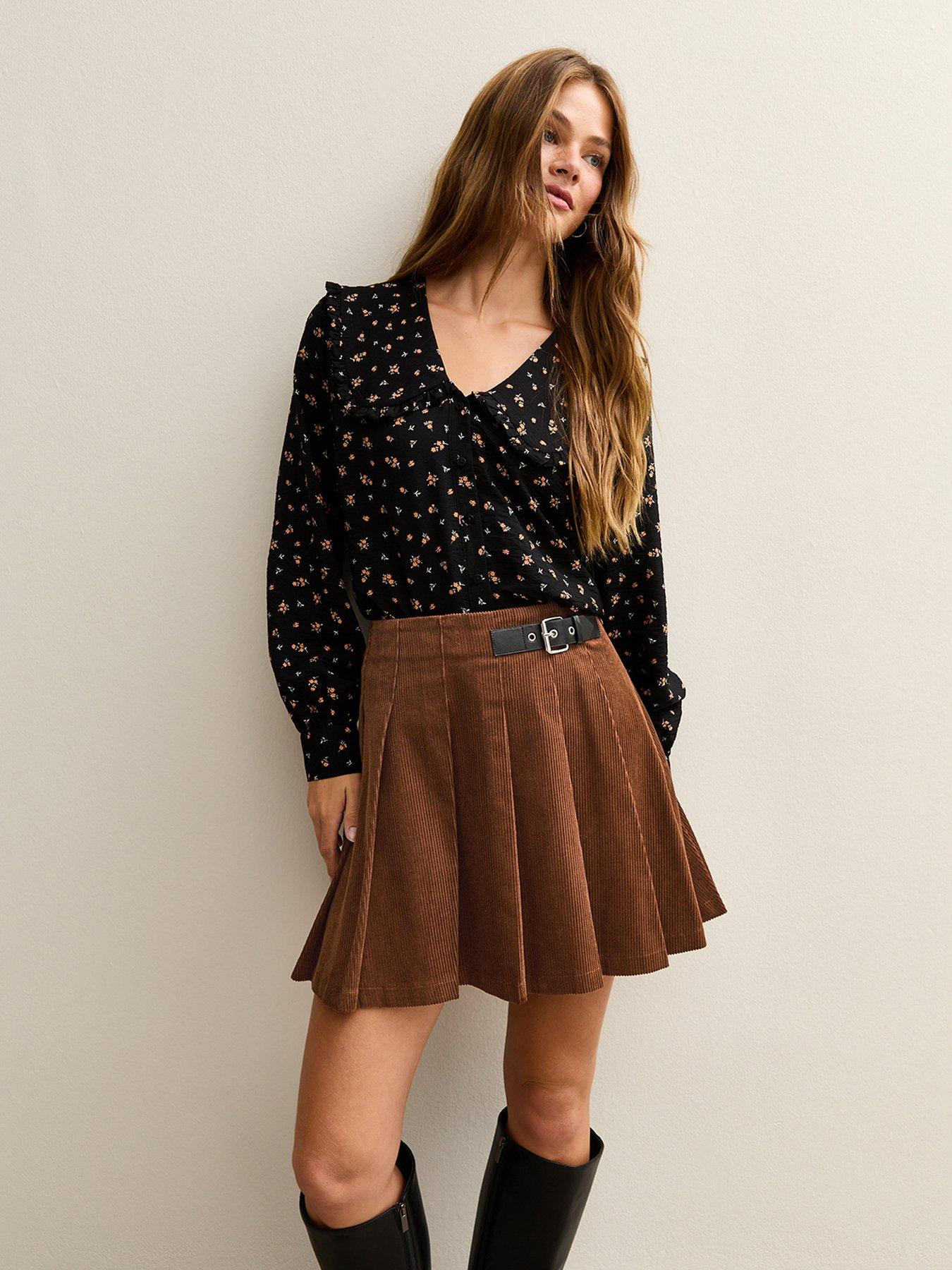 New Look Brown Corduroy Pleated Buckle Mini Skirt Very