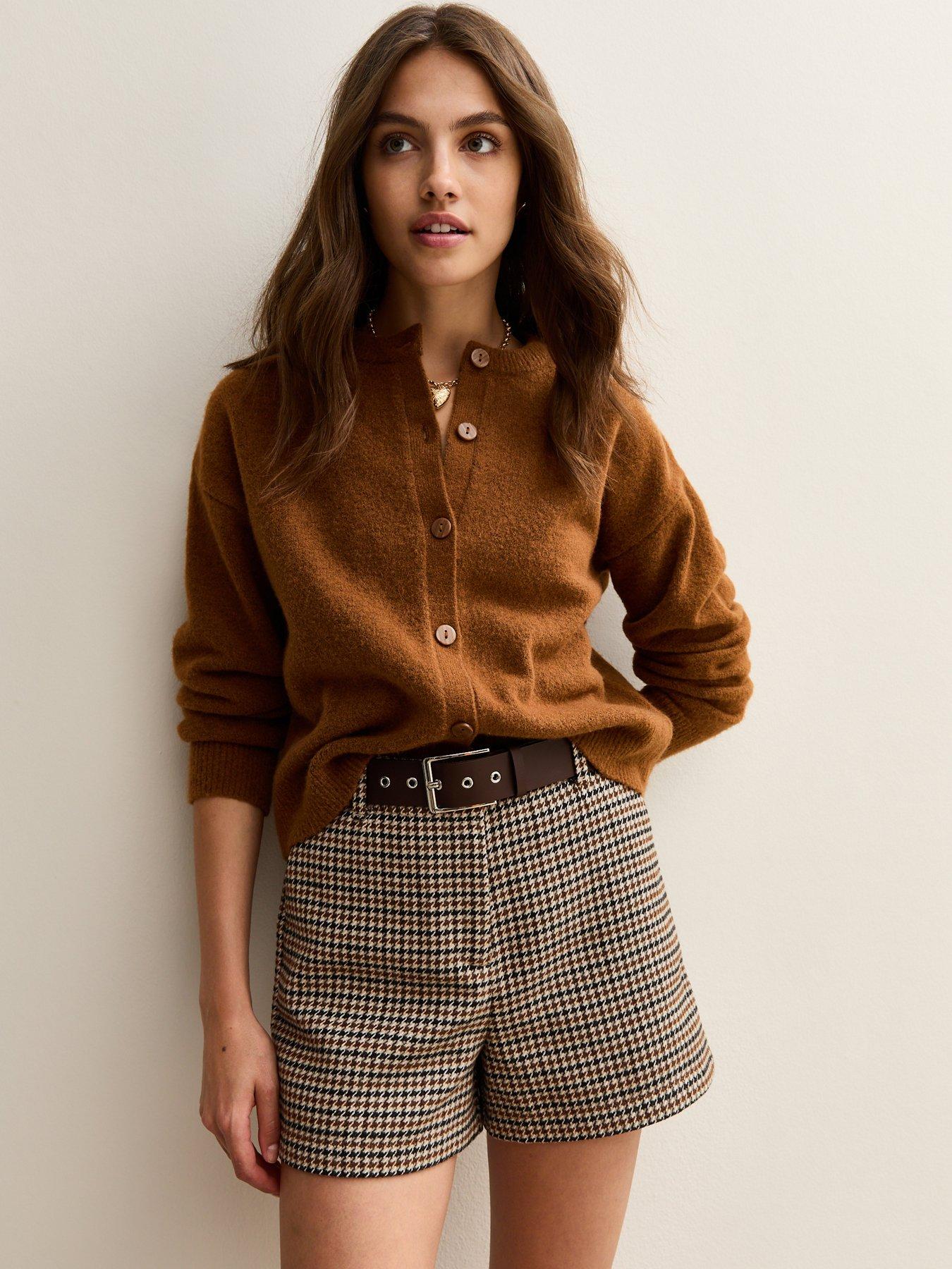 New Look Houndstooth Check Belted Shorts - Brown