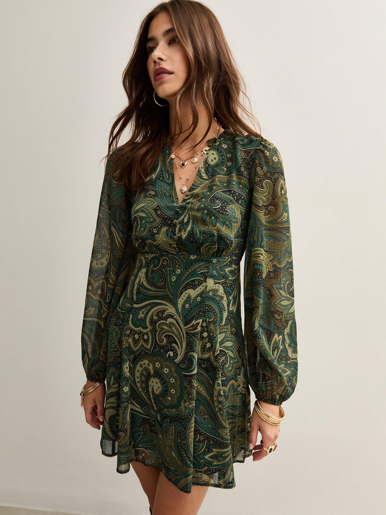 New Look Paisley Print Chiffon Long Sleeve Mini Dress - Green