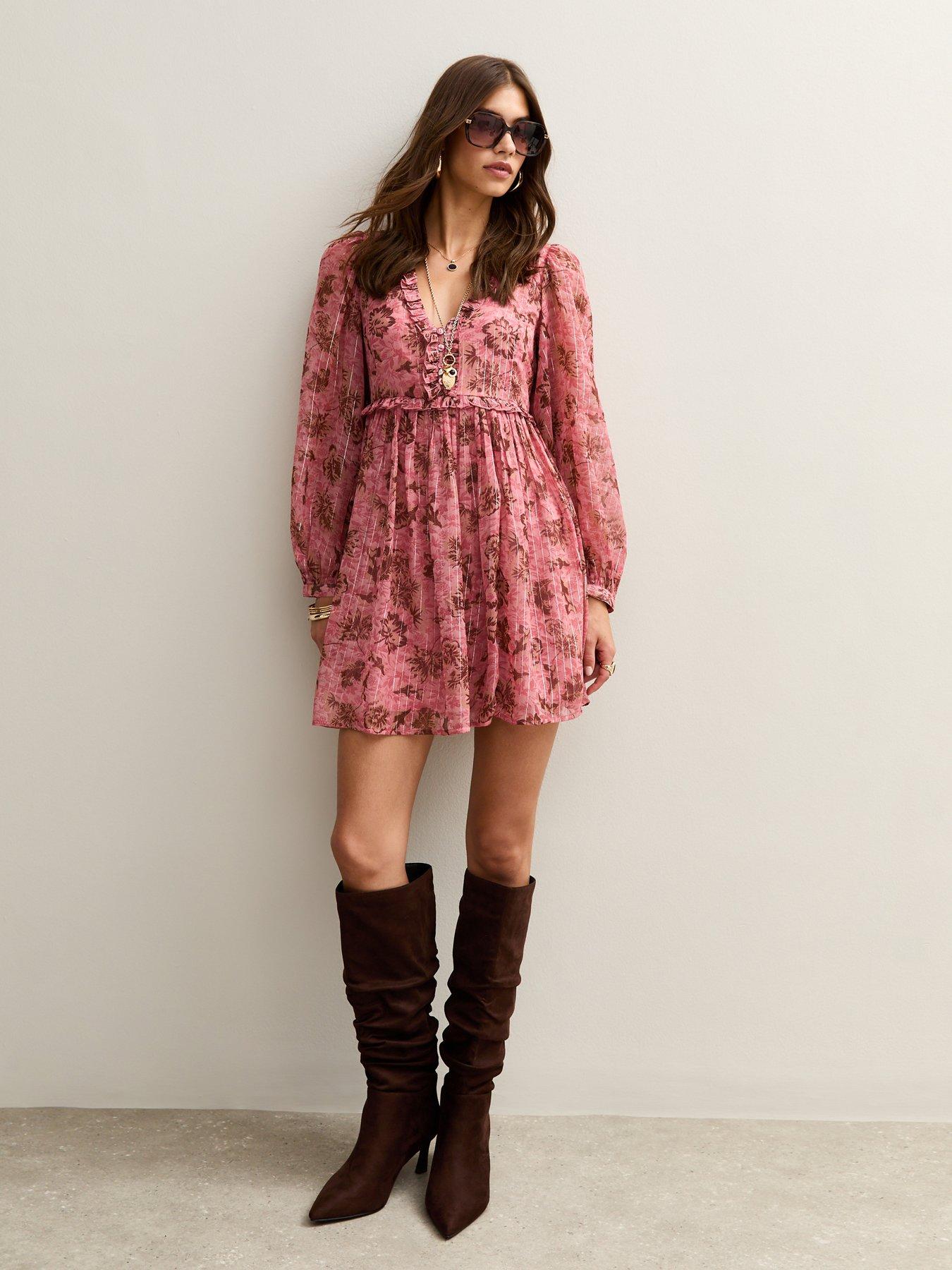 New Look Floral Print Chiffon Long Sleeve Mini Dress Pink Very