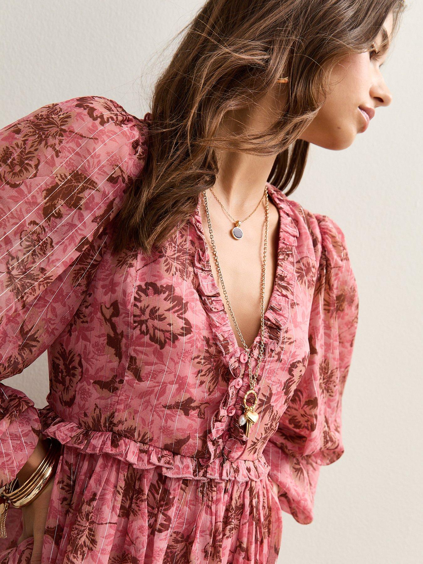 New Look Floral Print Chiffon Long Sleeve Mini Dress - Pink