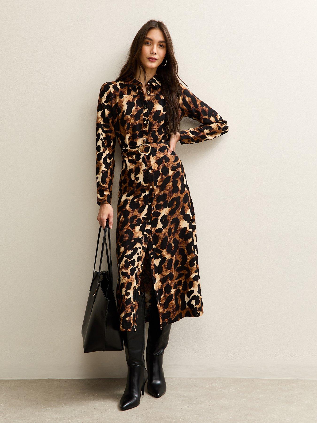 New Look: Leopard Print Long Sleeve Shirt Dress - Print
