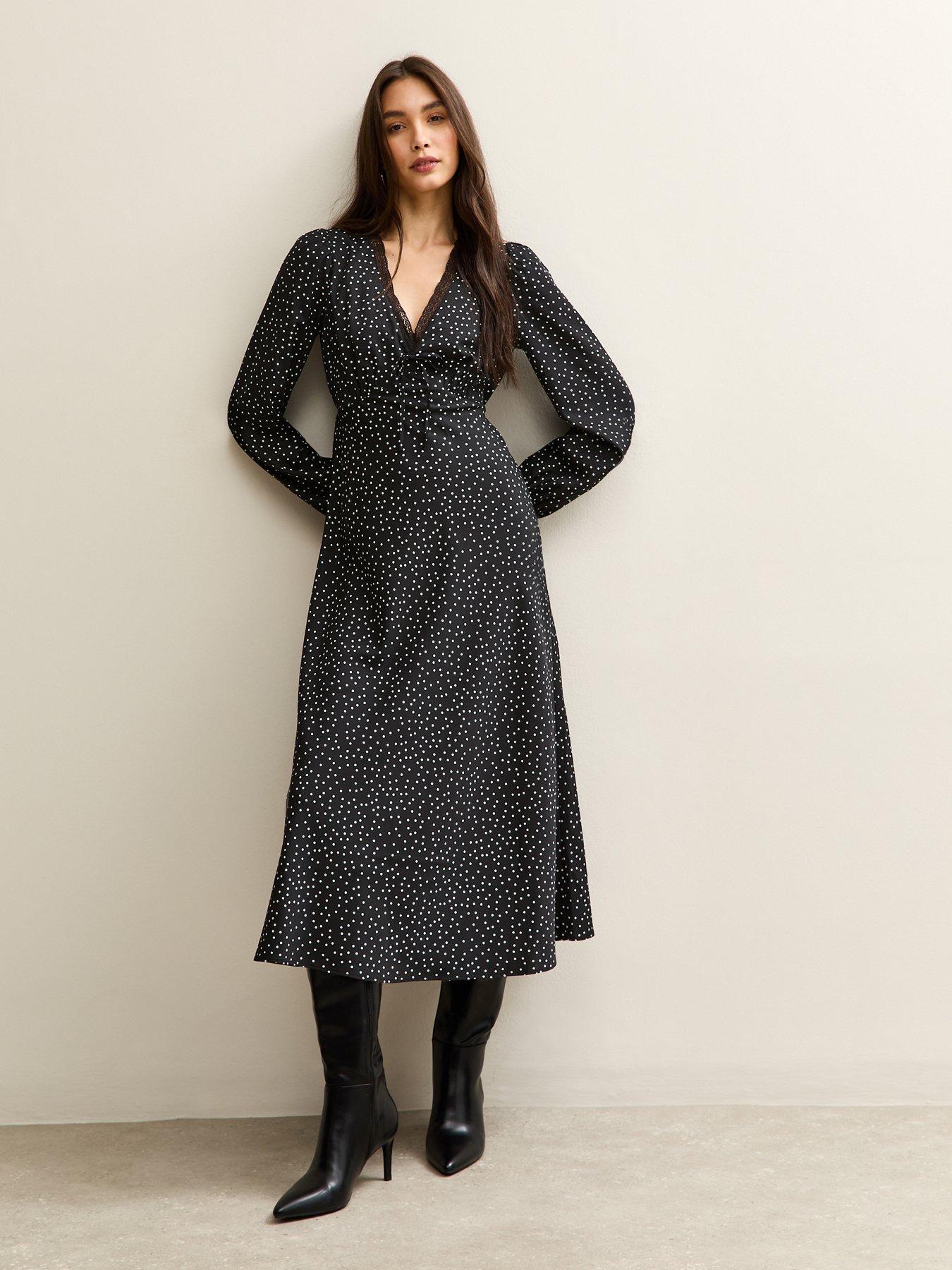 New Look: Spot Print Lace Trimmed Midi Dress - Black