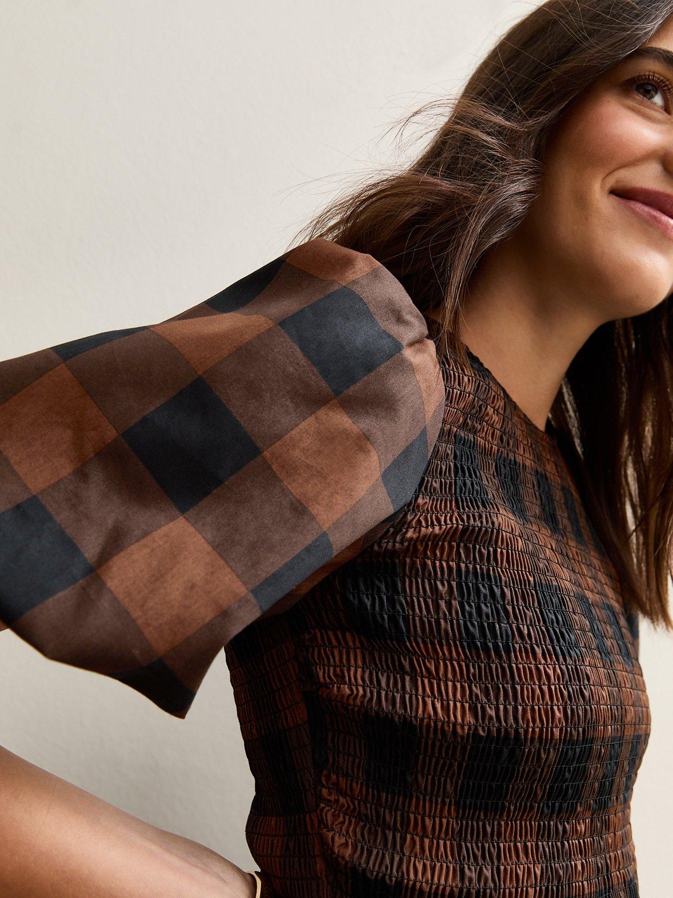 New Look Check Shirred Bodice Mini Dress - Brown | Very