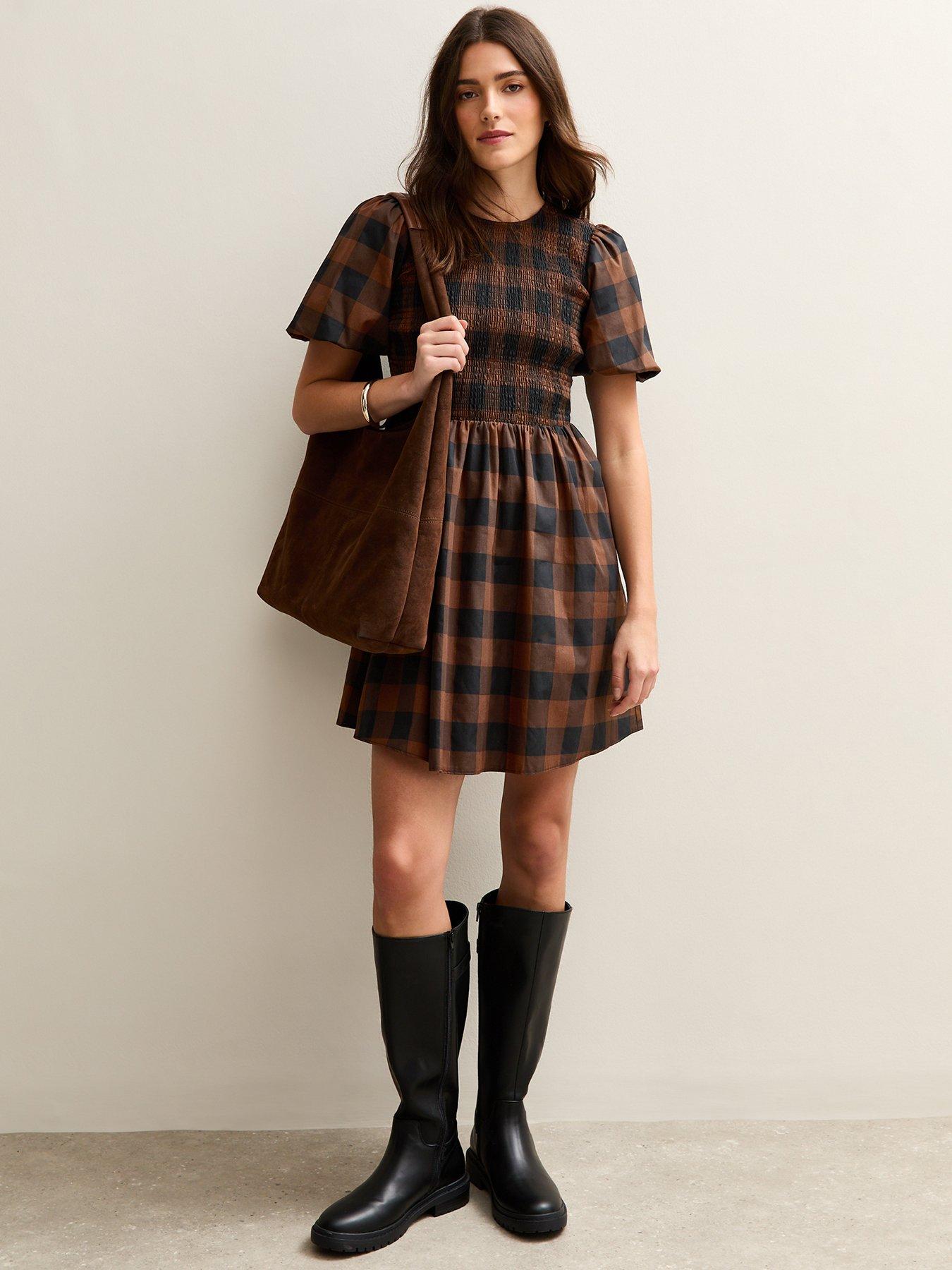 New Look Check Shirred Bodice Mini Dress - Brown | Very
