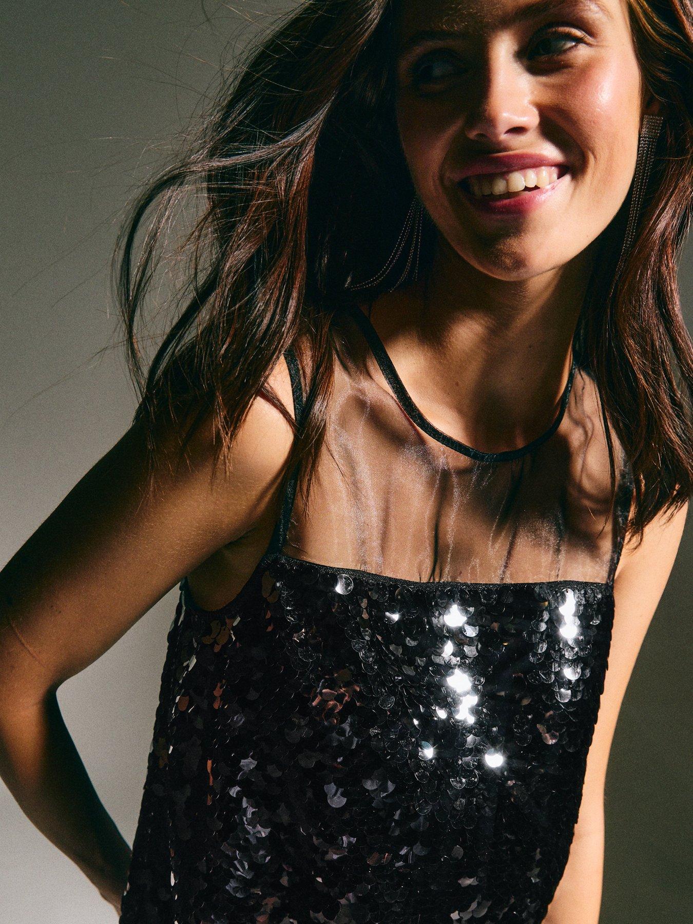 Image 4 of 4 of New Look Sequin Embellished Mini Shift Dress - Black