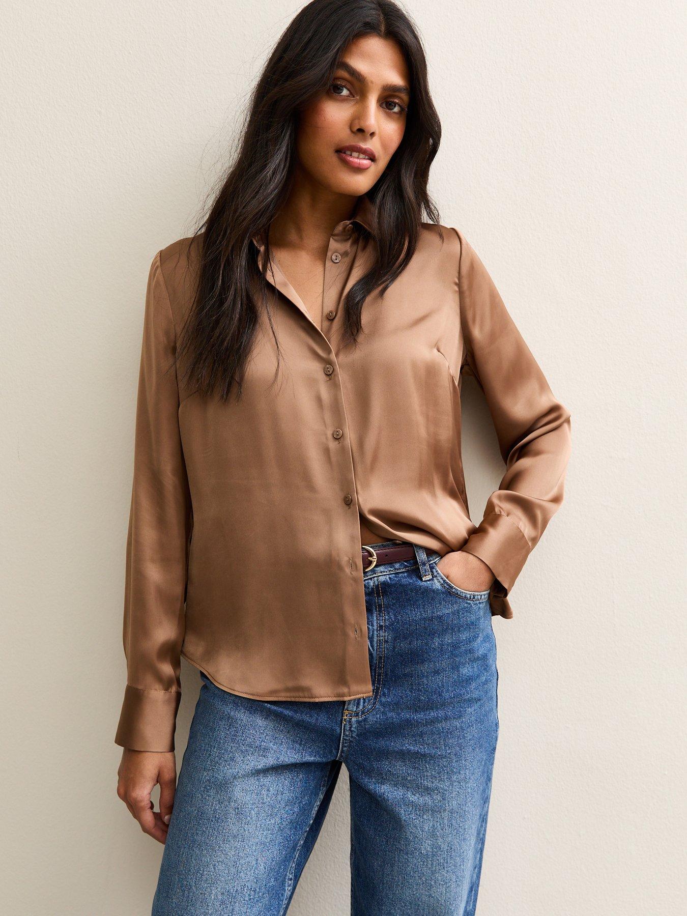 New Look Light Brown Satin Long Sleeve Shirt
