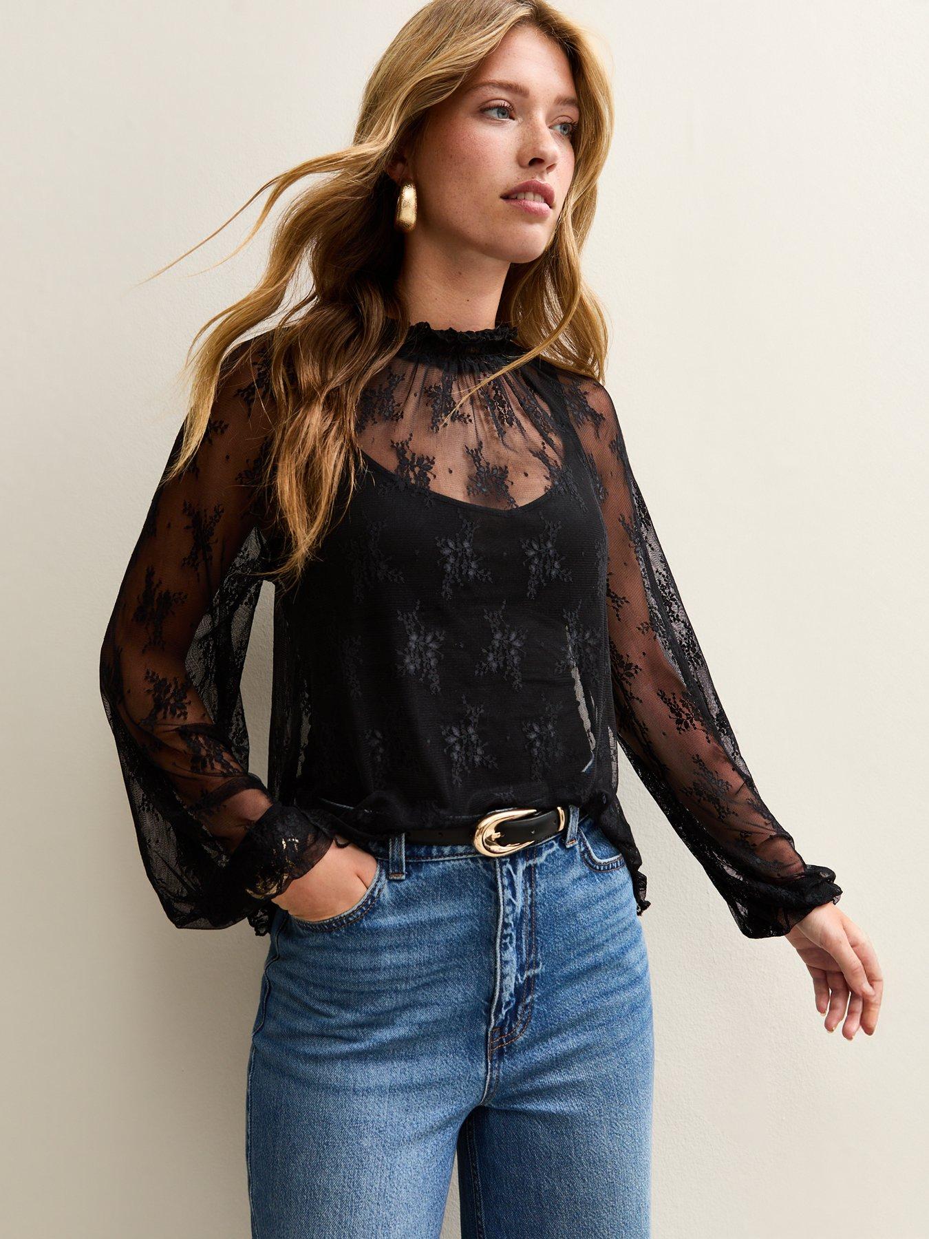 undefined Semi Sheer Shirred Lace High Neck Blouse - Black