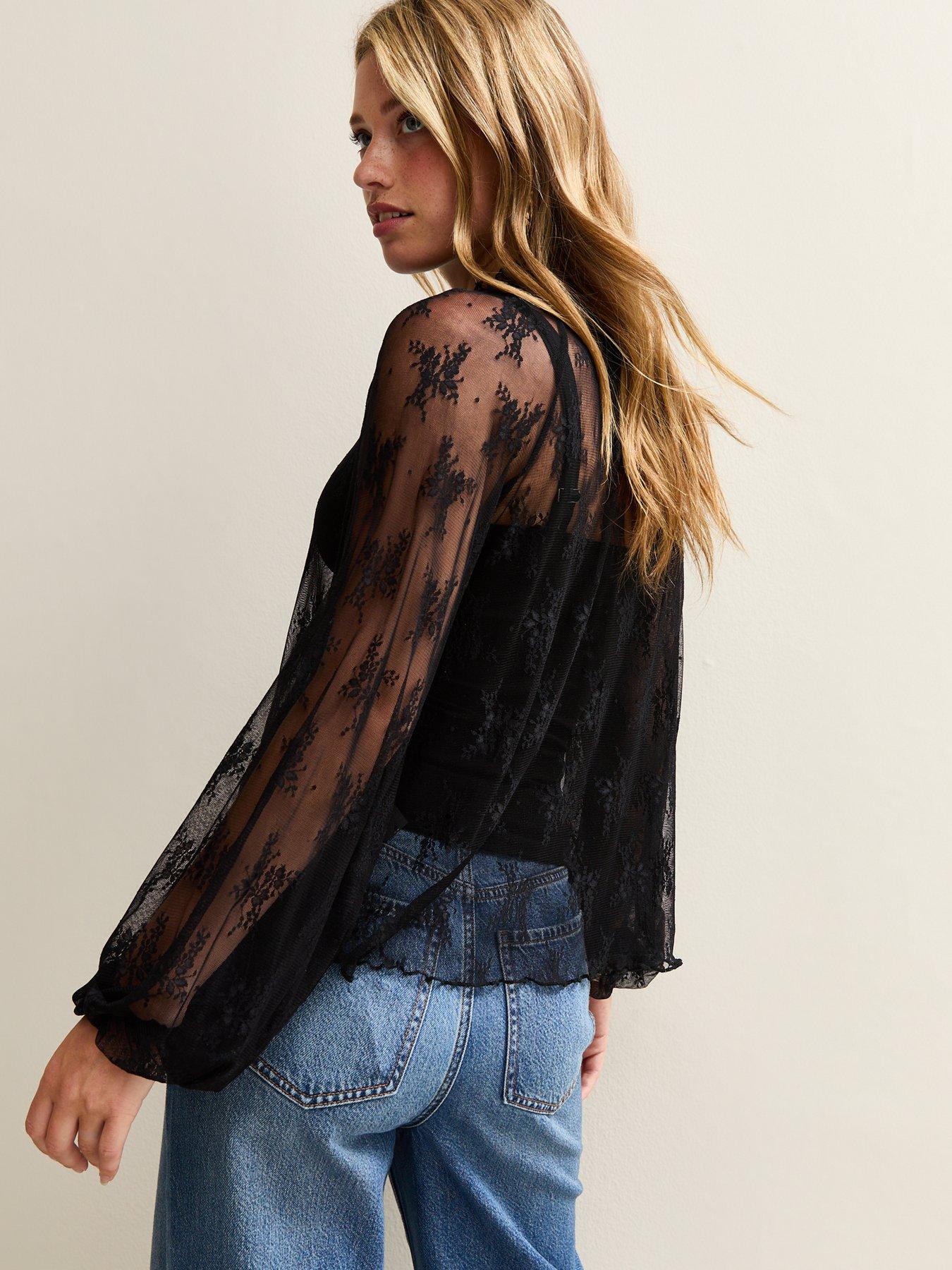 Image 2 of 5 of New Look Semi Sheer Shirred Lace High Neck Blouse - Black