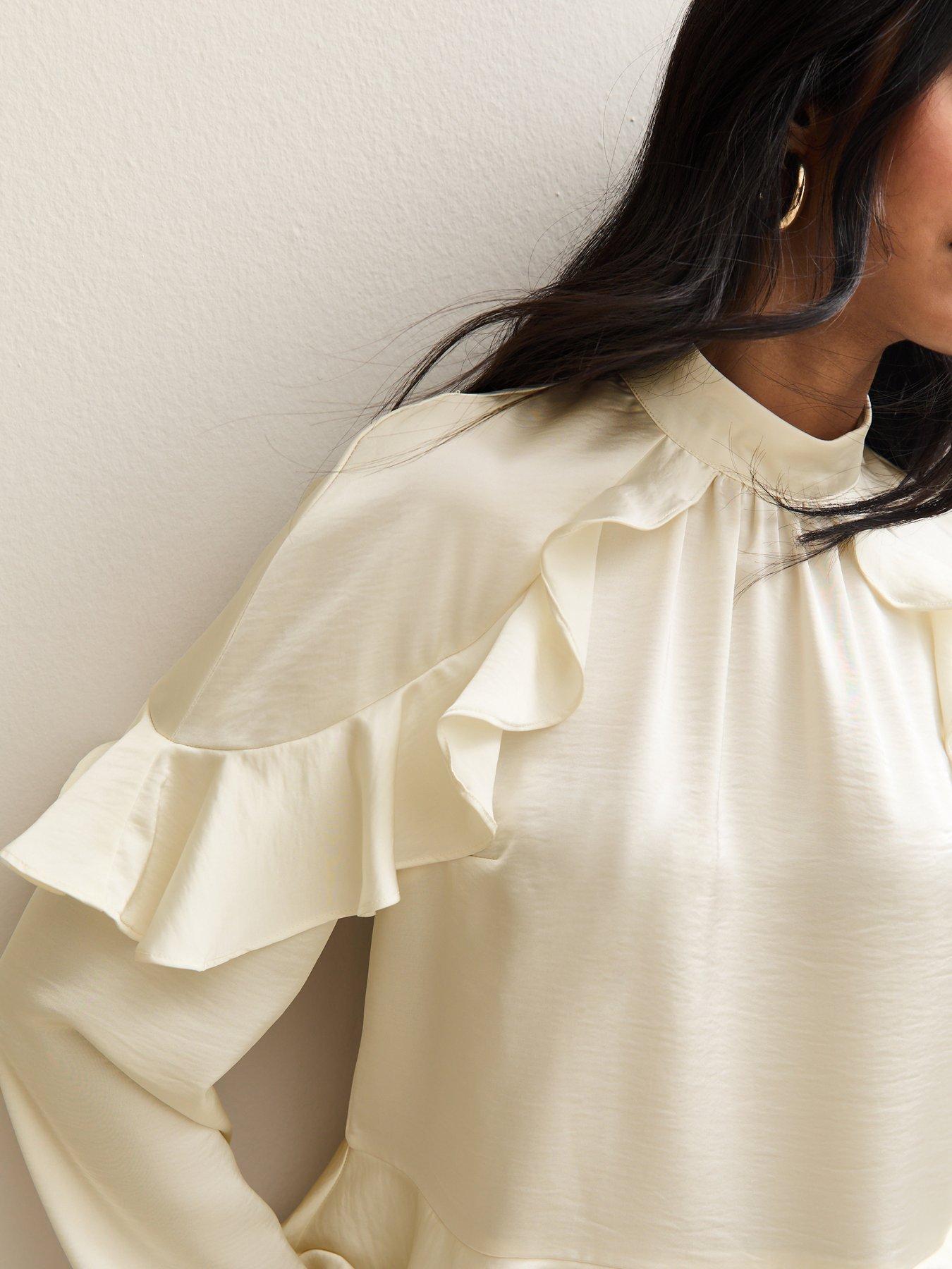 Off White Silky Satin Ruffle Neckline Blouse main image 0
